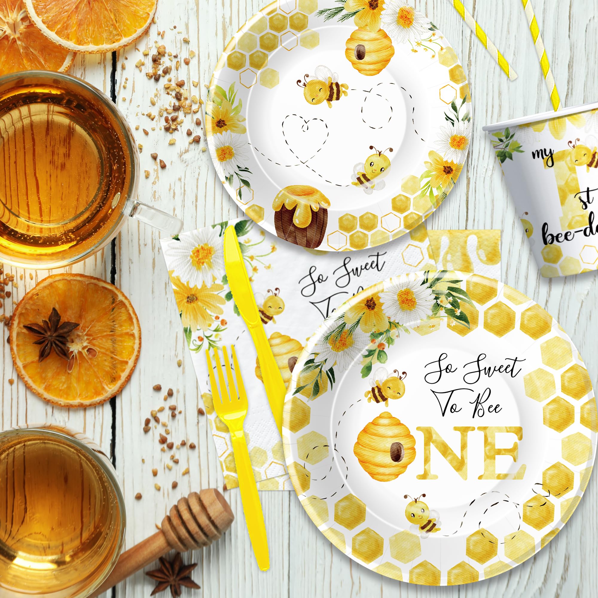 1st Birthday Bee Party Supplies - Bumble Bee Themed Decorations, Dinnerware Set (Plates, Cups, Napkins, Forks) for Baby's First Birthday | 24-Piece Set - Perfect for 1-Year-Old Birthday Parties, Baby Showers & Bee-Themed Celebrations