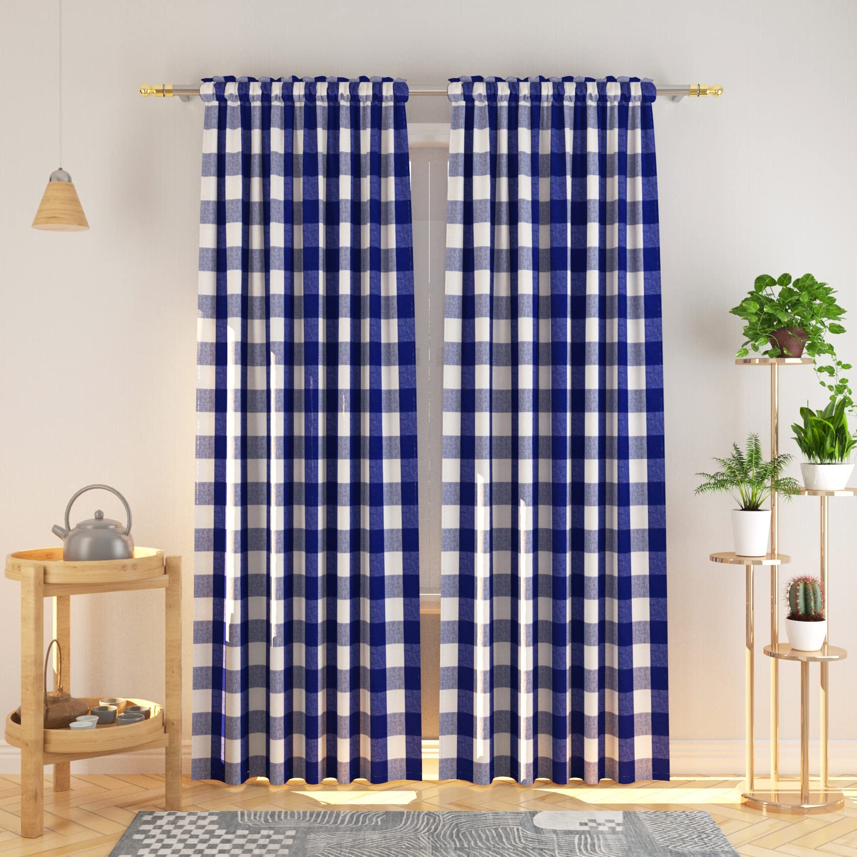 Navy Blue & White Buffalo Gingham Check Cotton Curtains - 95 Inch Long Rod Pocket Window Panels (Set of 2) for Living Room, Bedroom & Kitchen - Classic Plaid Checker Drapes for Farmhouse, Cottage & Modern Home Decor