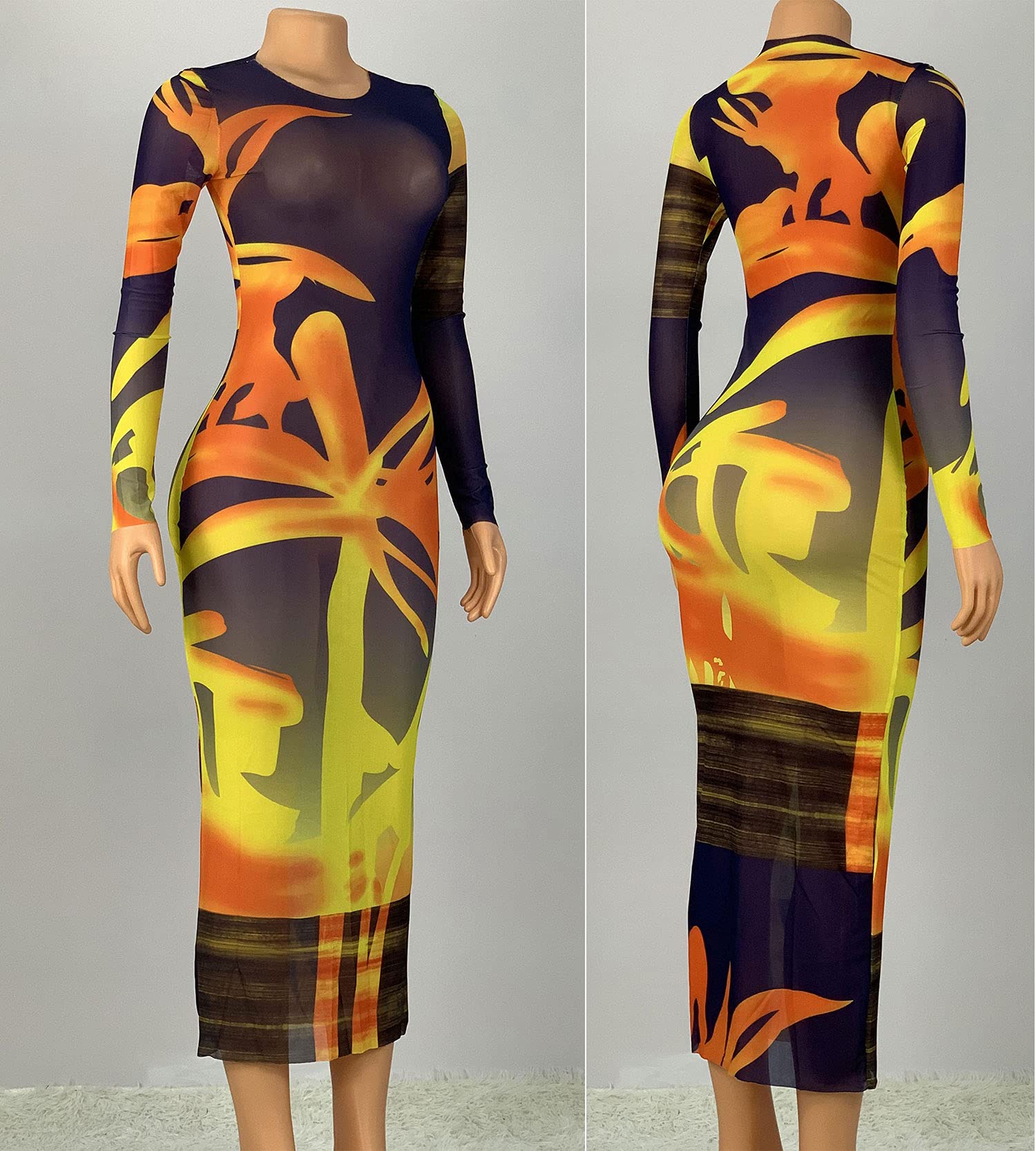 BYDIVA Women's Sunset Print Sheer Mesh Bodycon Long Dress - Sexy Summer Beach Vacation Dress for Pool Party, Evening Out, and Date Night