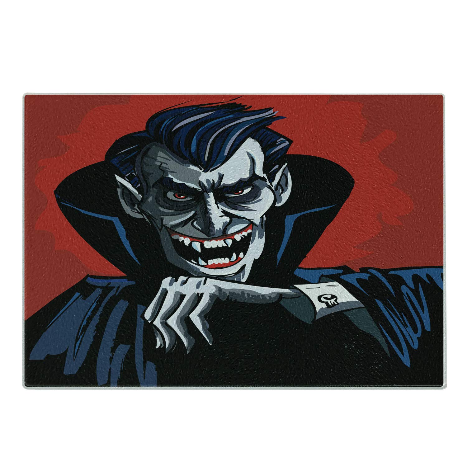 Vampire Themed Tempered Glass Cutting Board - Cartoon Cruel Old Man with Cape & Sharp Teeth - Halloween Kitchen Decor - Small Size (Blue/Red/Grey) - Perfect for Halloween Parties, Horror Theme Dinners & Gothic Home Decor
