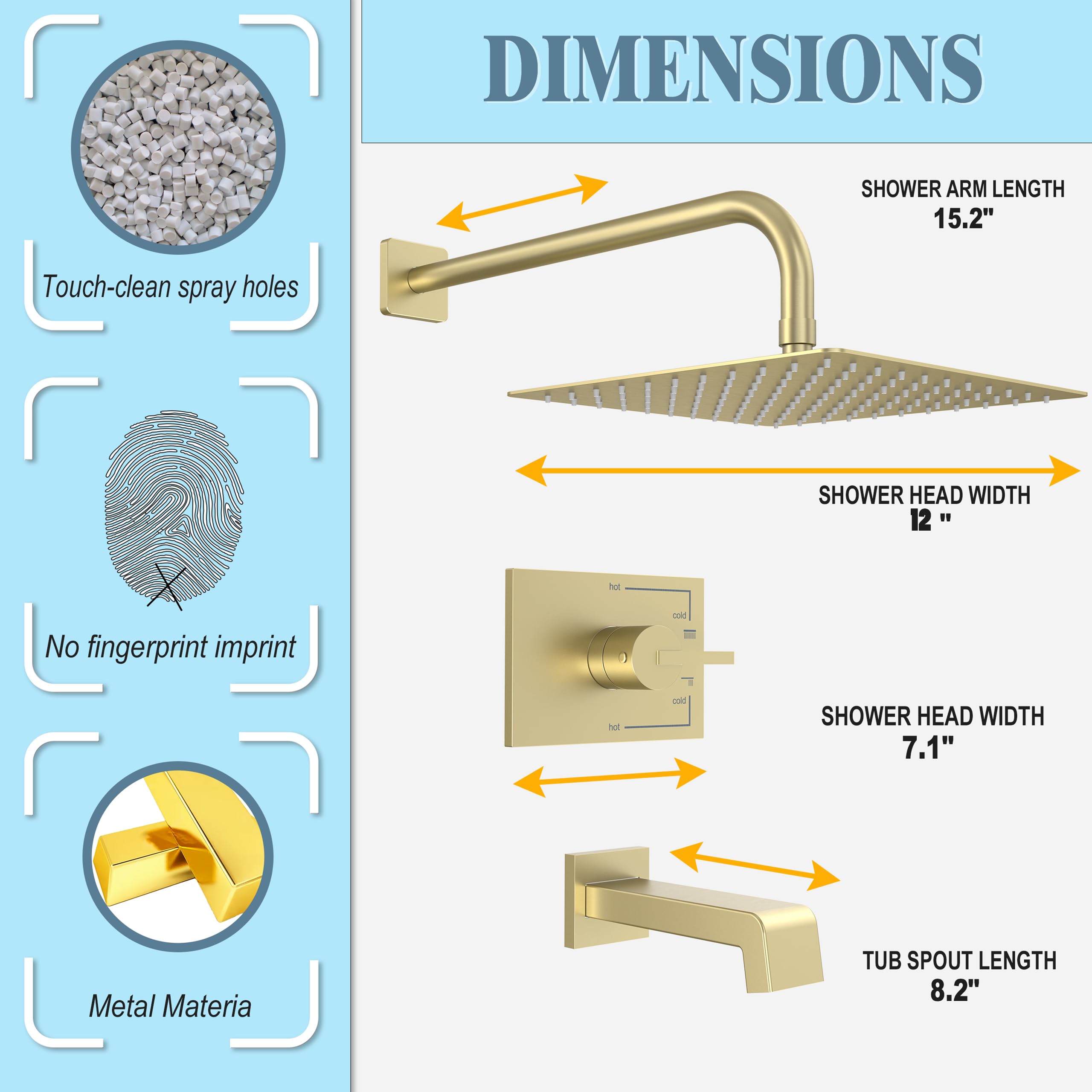 Brushed Gold Shower Fixture Set - 12 Inch Gold Shower Head, Tub Spout & Handle Combo with Valve - Luxury Bathroom Faucet for Modern & Vintage Bathrooms - Perfect for Home Renovation & Spa-Like Shower Experience