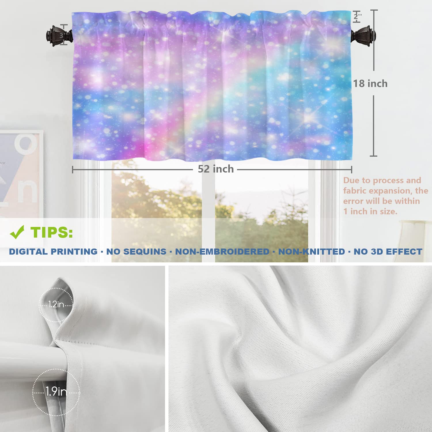Pastel Rainbow Unicorn & Glitter Stars Kitchen Valance - 52x18 Inch Galaxy Fantasy Window Curtain (Set of 2) for Kitchen Decor - Perfect for Cozy Breakfast Nooks & Whimsical Dining Areas