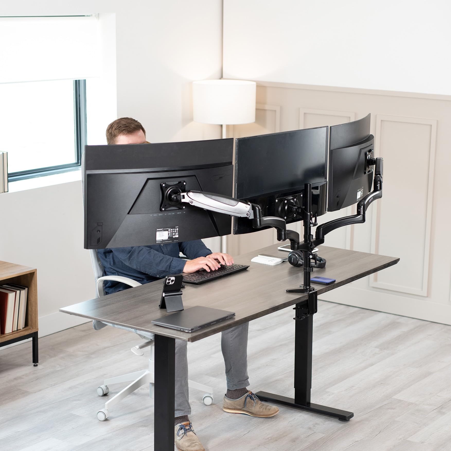 VIVO Triple Monitor Stand for 3 Screens up to 32 inches, Heavy Duty Fully Adjustable Desk Mount with C-Clamp and Grommet Base - Black (STAND-V300G) | Perfect for Home Office, Gaming Setup, and Multi-Screen Workstations