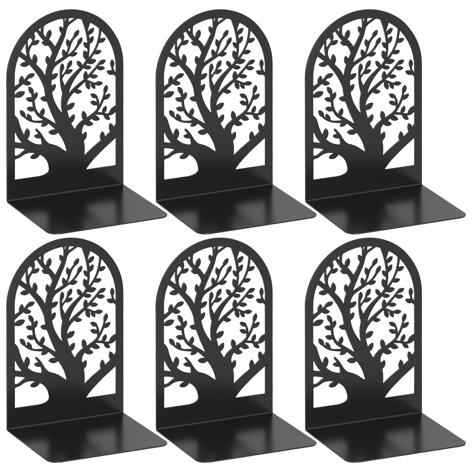 VFINE Tree Style Metal Bookends - 3 Pairs of Decorative Black Book Holders for Shelves, Office & Home - Heavy Duty Book Stopper for Organizing Books, Great for Bookshelves, Desks & Office Supplies