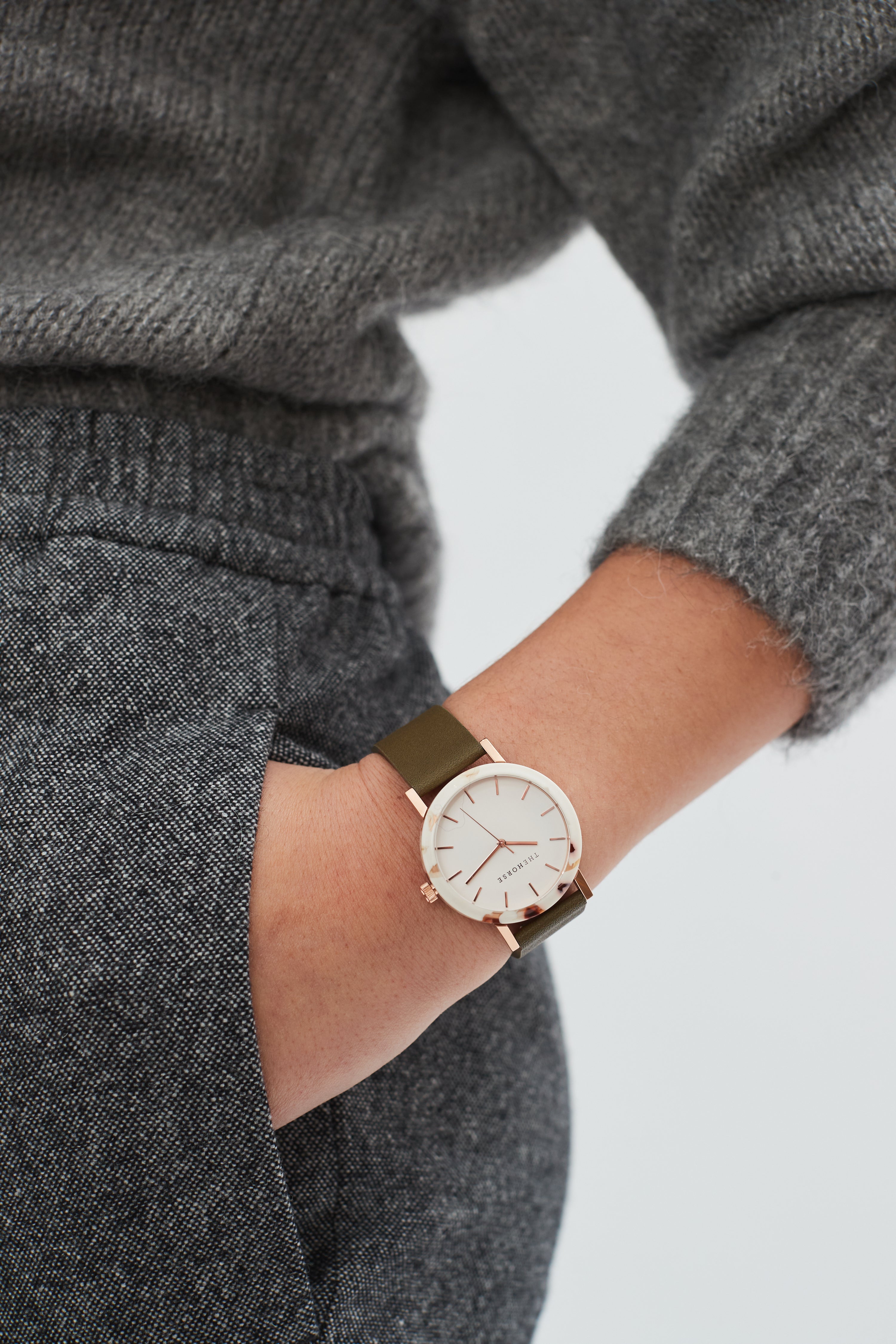 Luxury Resin Nougat Watch Case - White Dial with Rose Gold Indexes & Olive Leather Strap - Perfect for Formal Events, Business Meetings, and Everyday Elegance
