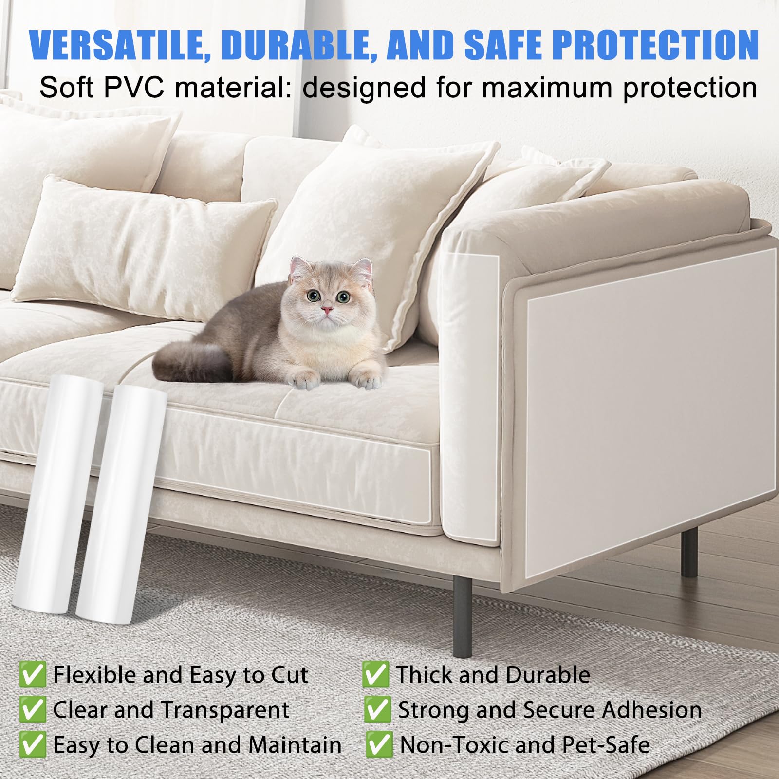 Clear Anti-Scratch Tape for Furniture - Cat Scratch Protector for Couches, Sofas, Carpets & Doors | Pet & Kid Safe | 2 Rolls (12