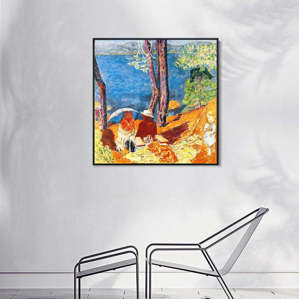Pierre Bonnard 'By the Sea, Under the Pines' Framed Canvas Giclee Print - 24x24 Inch Black Slim Frame Wall Art for Living Room, Bedroom & Office Decor - Coastal Landscape Painting for Home & Workspace