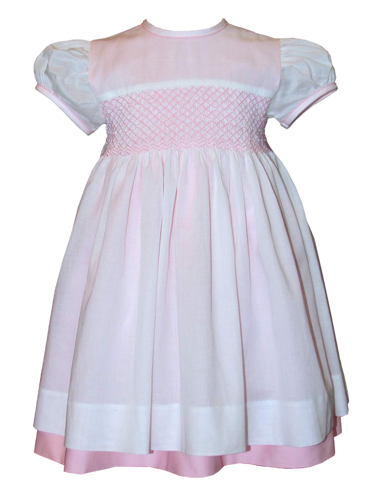 Elegant White and Pink Girls Easter Dress - Hand-Smocked Short Sleeves for Spring Celebrations & Family Photos
