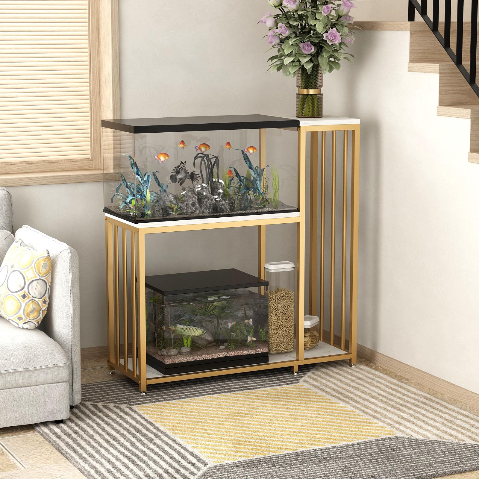 29 Gallon Fish Tank Stand - Sturdy Metal Aquarium Stand with Storage Shelves for Fish Tank Accessories, Reptile & Turtle Terrariums - Gold Finish for Home & Office Use | Perfect for Living Room, Bedroom Decor & Pet Habitat Setup