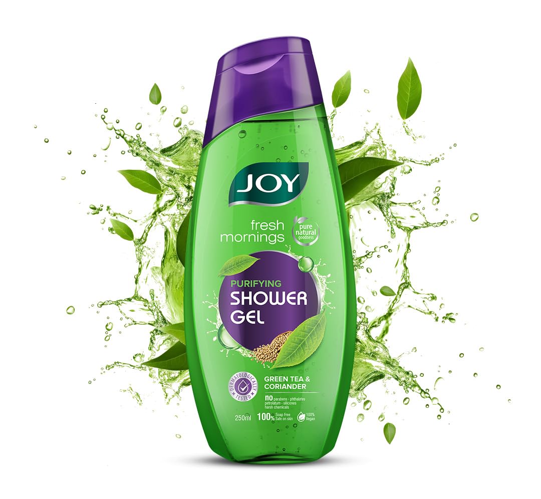 Joy Green Tea Shower Gel Body Wash 250ml - Skin Purifying Green Tea & Detoxifying Coriander Formula | 100% Vegan, Sulfate & Paraben Free, Soap Free for All Skin Types | Long Lasting Freshness - Perfect for Morning Refreshment & Post-Workout Cleansing