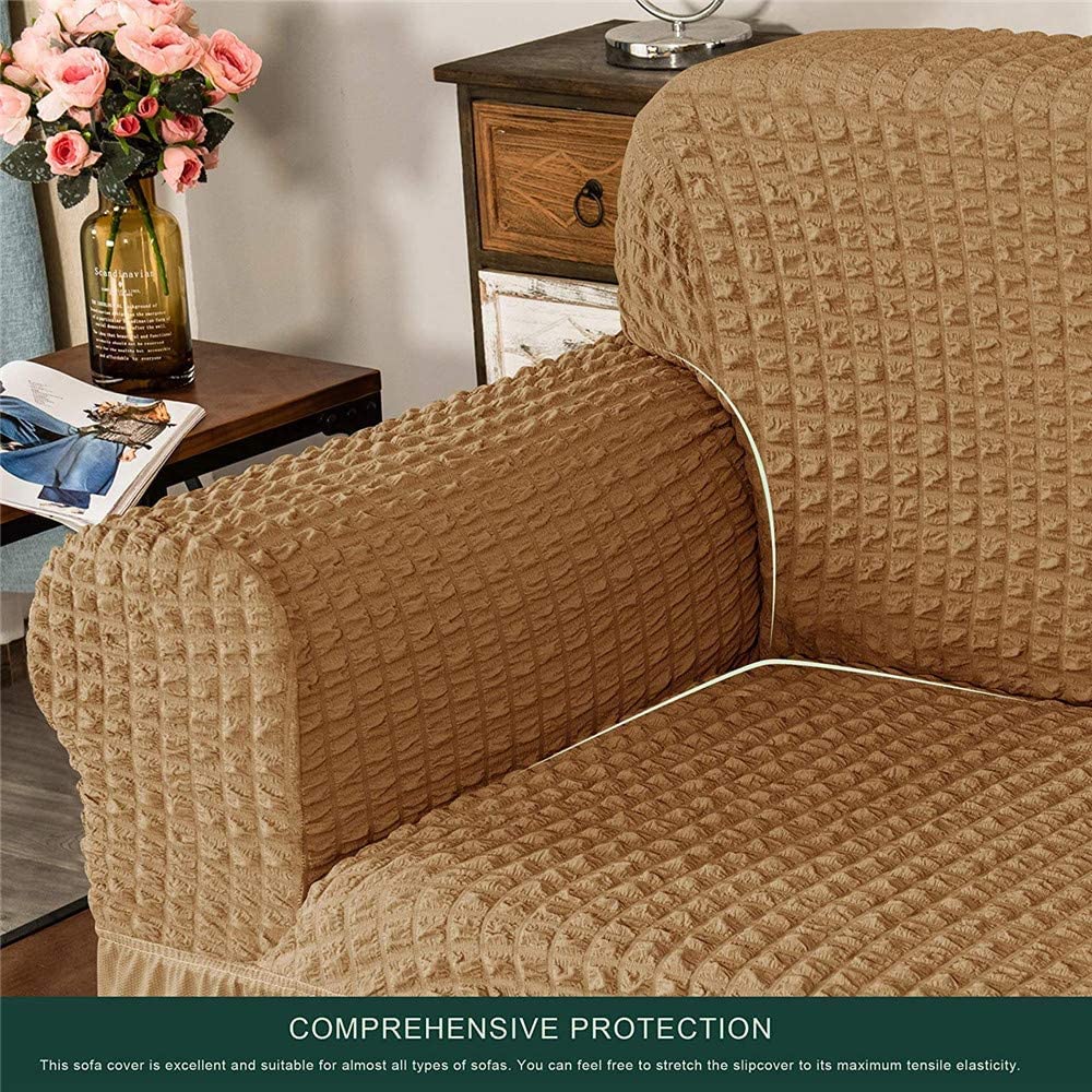 YYHSND Universal Sofa Cover - 1-Piece Stretchable Couch Slipcover, Washable Durable Seersucker Fabric Furniture Protector with Skirt (Almond, 3-Seater) for Living Room, Office & Home Decor