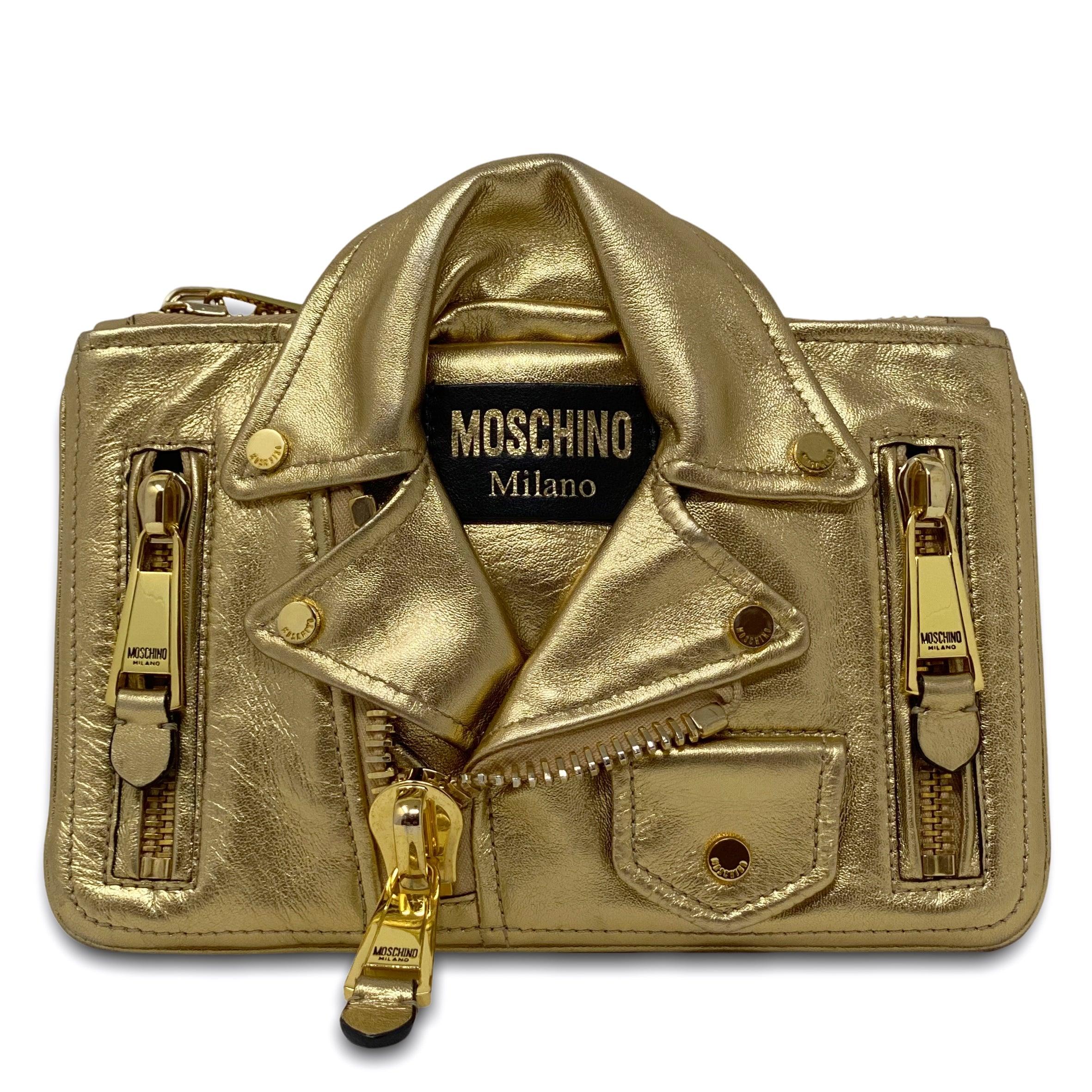 Moschino Metallic Gold Biker Jacket Clutch - Stylish Designer Handbag for Women | Perfect for Parties, Night Out & Fashion Events