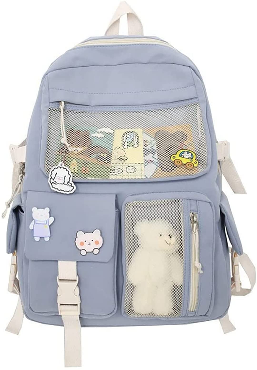 Kawaii Backpack with Pins - Cute Aesthetic School Bag for Girls (Blue) - Perfect for School & Travel