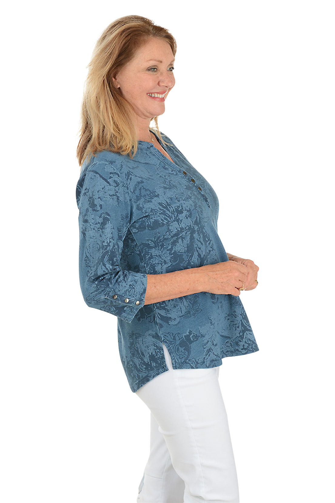 Floral French Terry Henley Top for Women - Soft & Comfortable Casual Shirt with Button Front - Perfect for Spring Outfits, Layering, and Everyday Wear