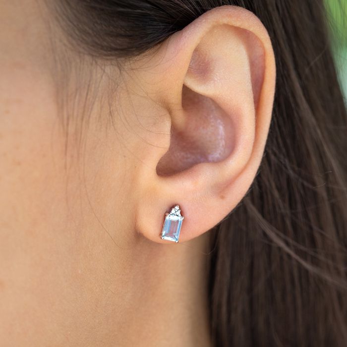 9ct White Gold Aquamarine Emerald Cut Diamond Stud Earrings - Elegant Jewelry for Women, Gift for Her, Perfect for Weddings, Anniversaries & Special Occasions