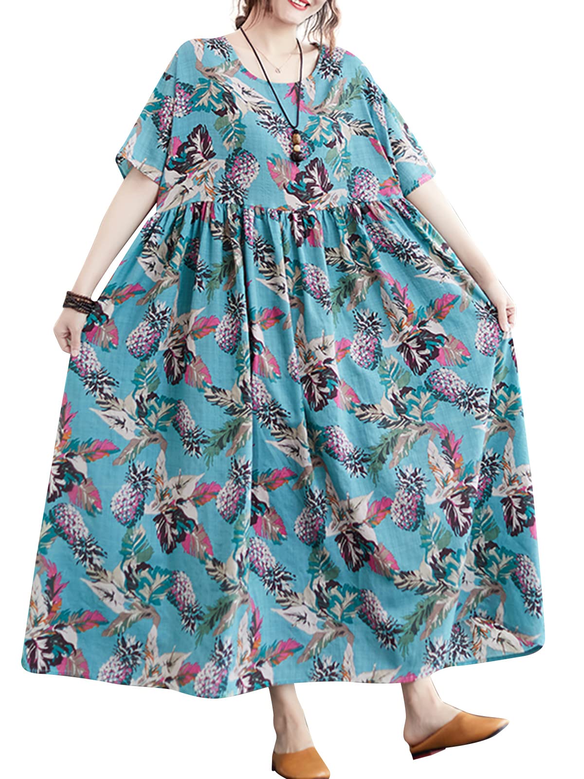 Versear Women's Floral Boho Swing Maxi Dress with Pockets - Oversized Pleated Summer Beach Dress for Vacation, Party & Casual Wear