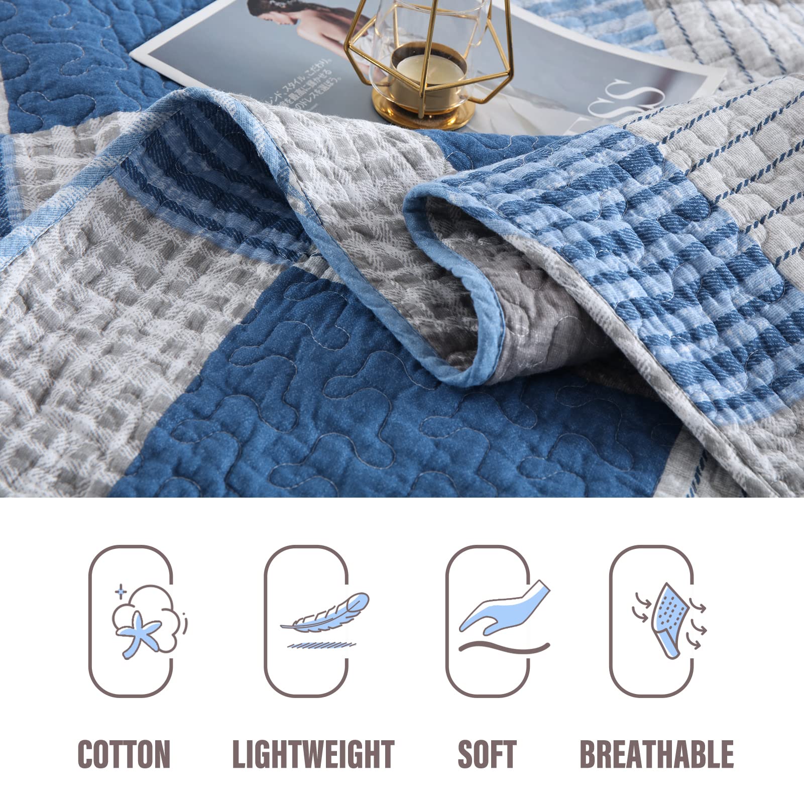 Y-PLWOMEN 100% Cotton Plaid King Size Quilt Set - Farmhouse Style Lightweight Breathable Bedspread with 2 Pillow Shams, Blue Navy, 98x106 Inch | Perfect for Cozy Bedroom Decor, Guest Room & Seasonal Home Styling