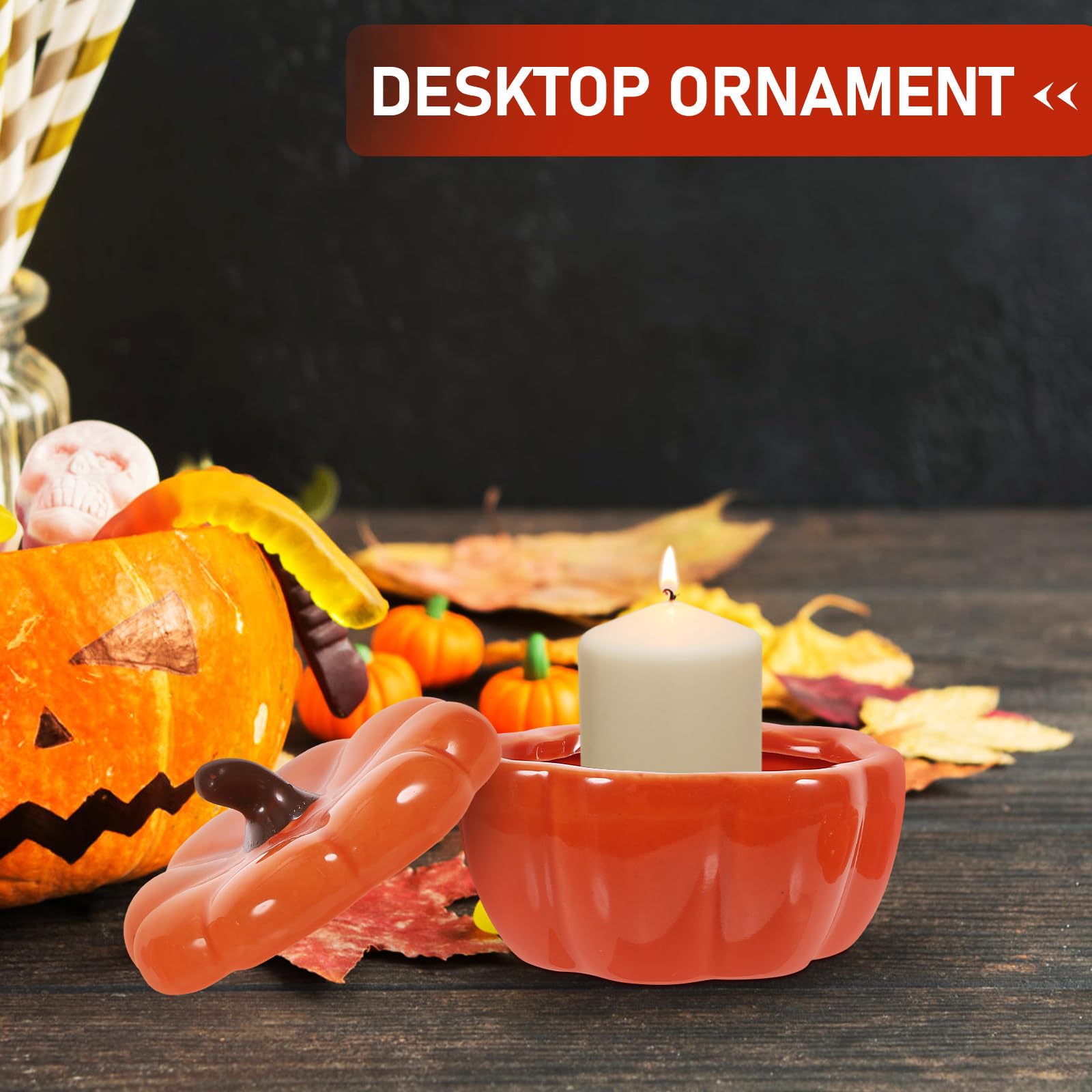 SOLUSTRE Ceramic Pumpkin Candle Holder - Halloween & Thanksgiving Candlestick with Lid, Decorative Soup Bowl for Home Table Decor | Perfect for Fall Centerpieces, Holiday Parties & Cozy Dining