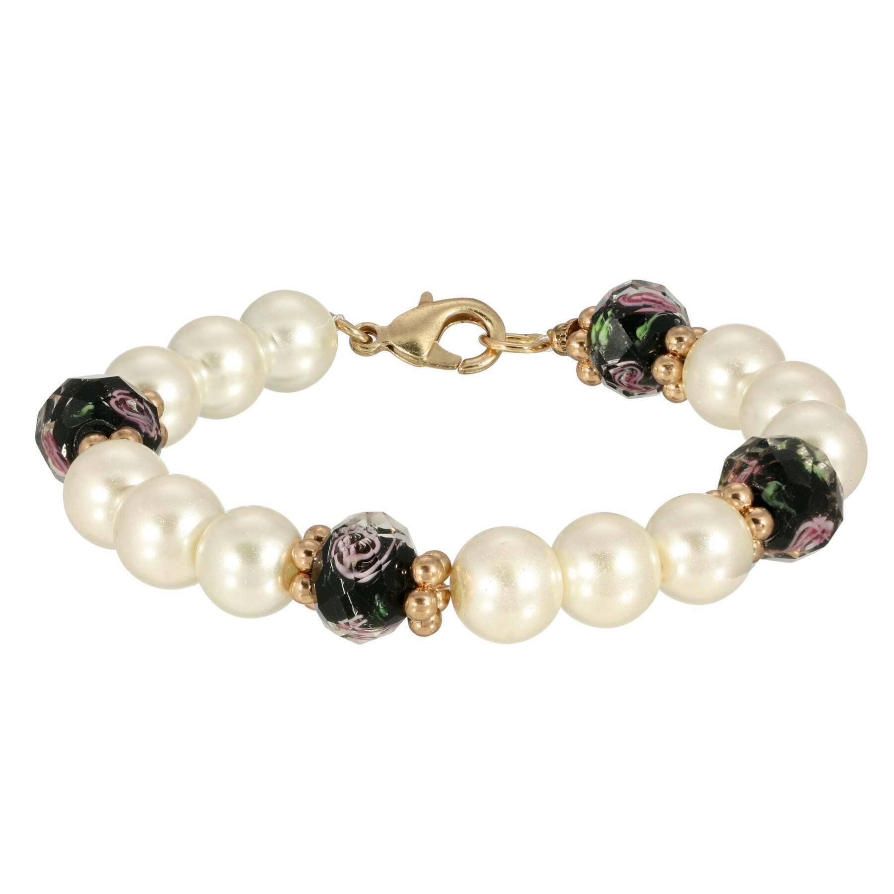 1928 Jewelry Faux Pearl Black Bel Fiore Bracelet for Women - Vintage Style Beaded Bangle for Formal Events & Evening Wear