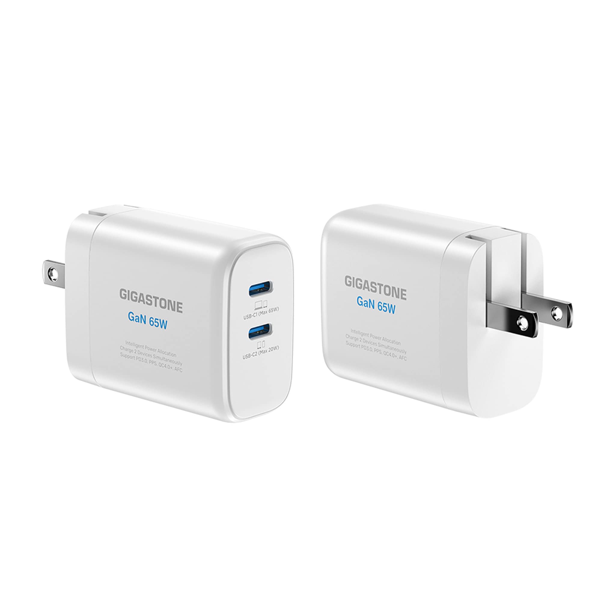 Gigastone 65W GaN Fast Charger [2 Pack] - Dual USB C Ports with PPS, Intelligent Power Allocation for MacBook Air/Pro, Dell XPS, iPad, iPhone 16/15, Galaxy S24 - Compact Foldable Plug for Travel & Home Use