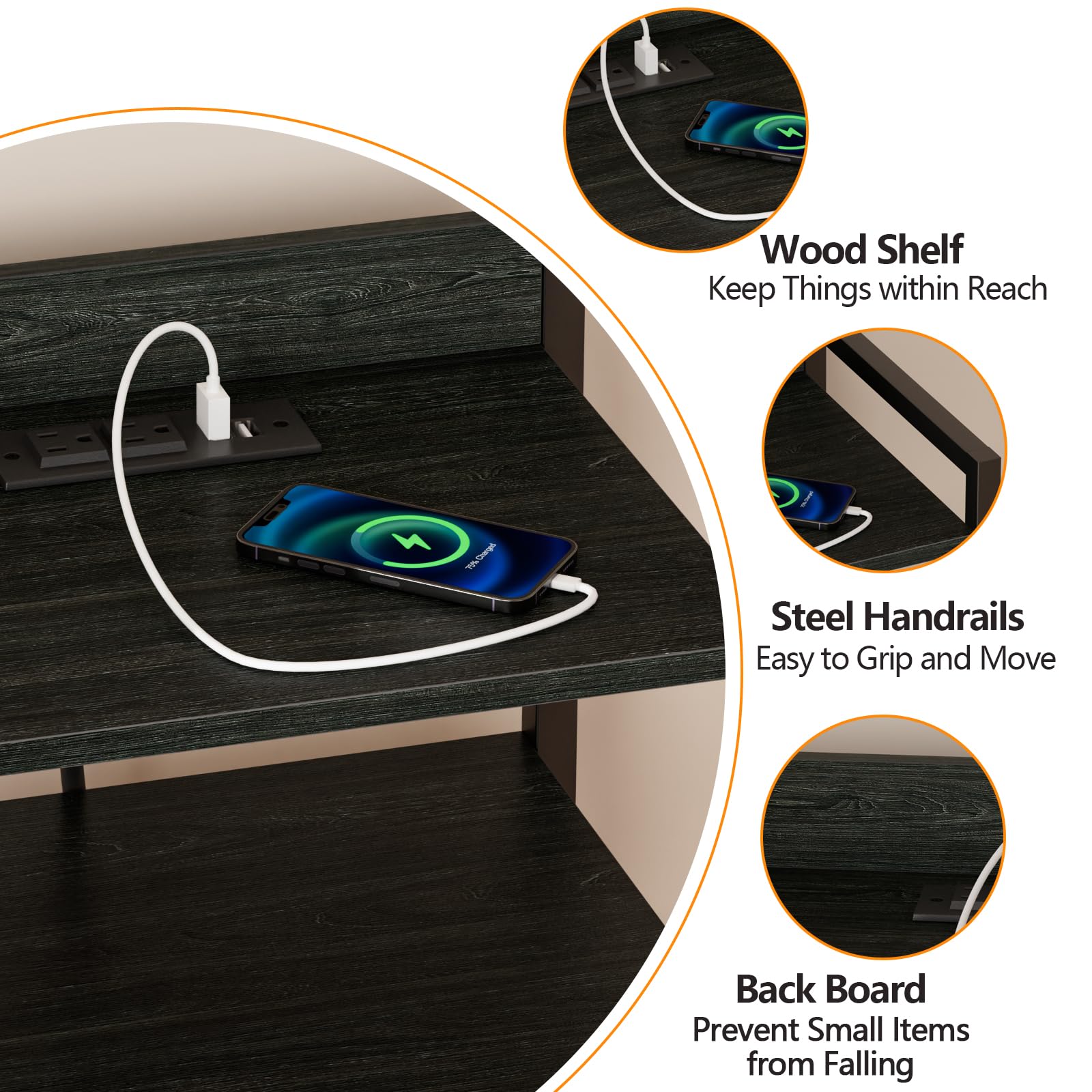 Modern Nightstand with USB Charging Station & LED Light - Black Bedside Table with Drawers, Fabric Storage Bins & Metal Frame - Tall Wooden Dresser for Bedroom - Perfect for Small Spaces, Apartment Living & Guest Rooms