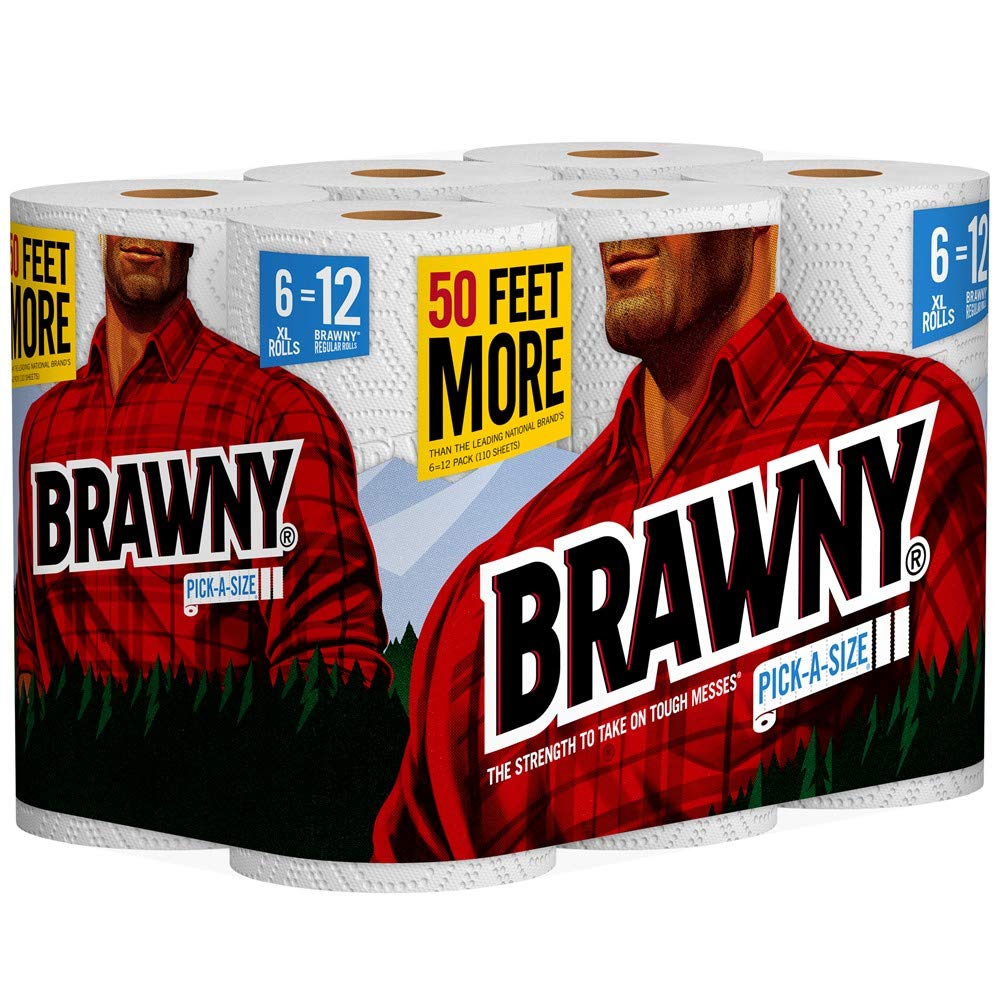 Brawny Paper Towels, 6 XL Rolls | Pick-A-Size | White | 6 Rolls = 12 Regular Rolls | Ultra Absorbent for Kitchen, Bathroom & Cleaning Messes