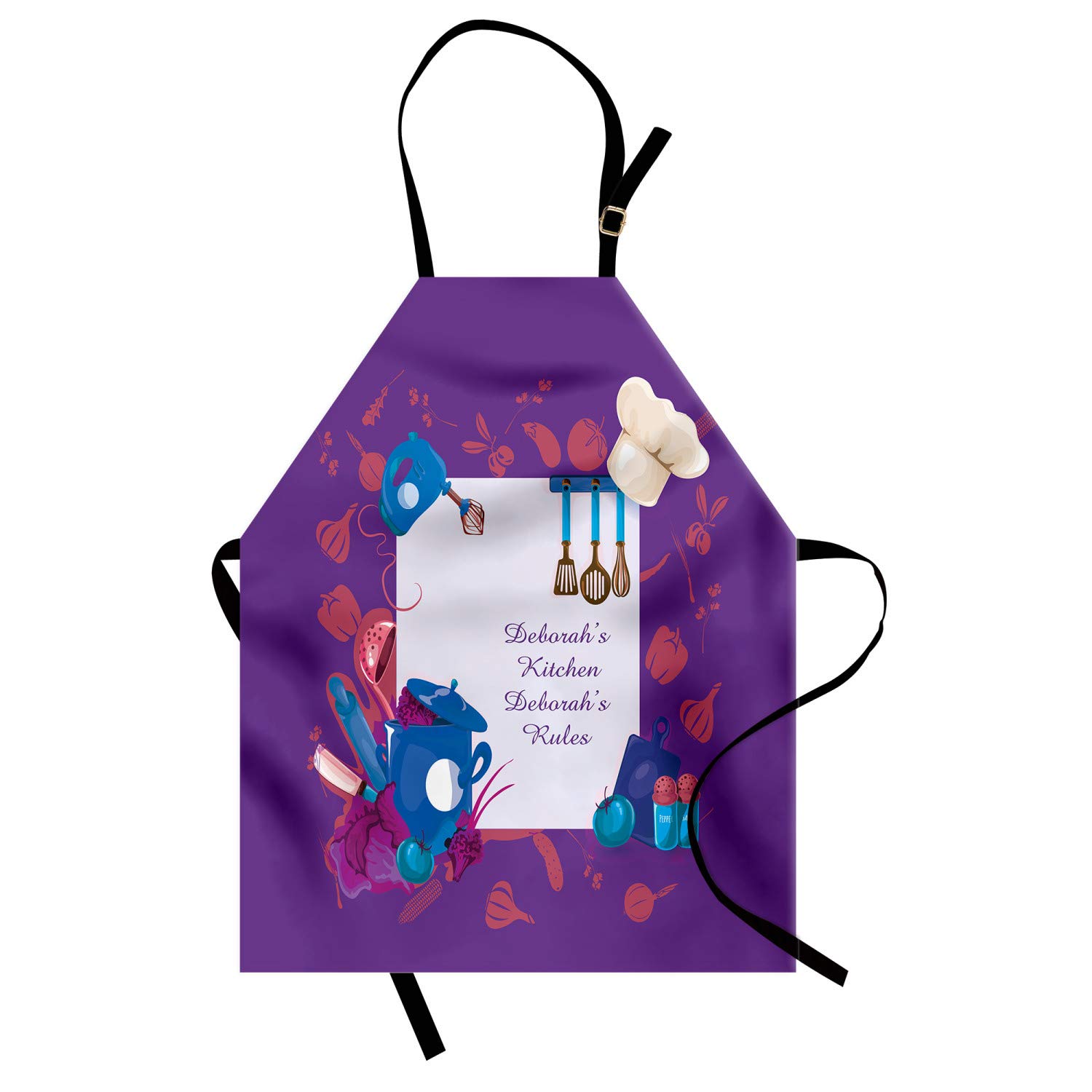 Ambesonne Personalized Chef Apron - Cartoon Illustrated Cooking Utensils Print, Adjustable Neck Unisex Kitchen Bib for Adults (Purple/White) | Perfect for Home Cooking, BBQ, Baking & Restaurant Use