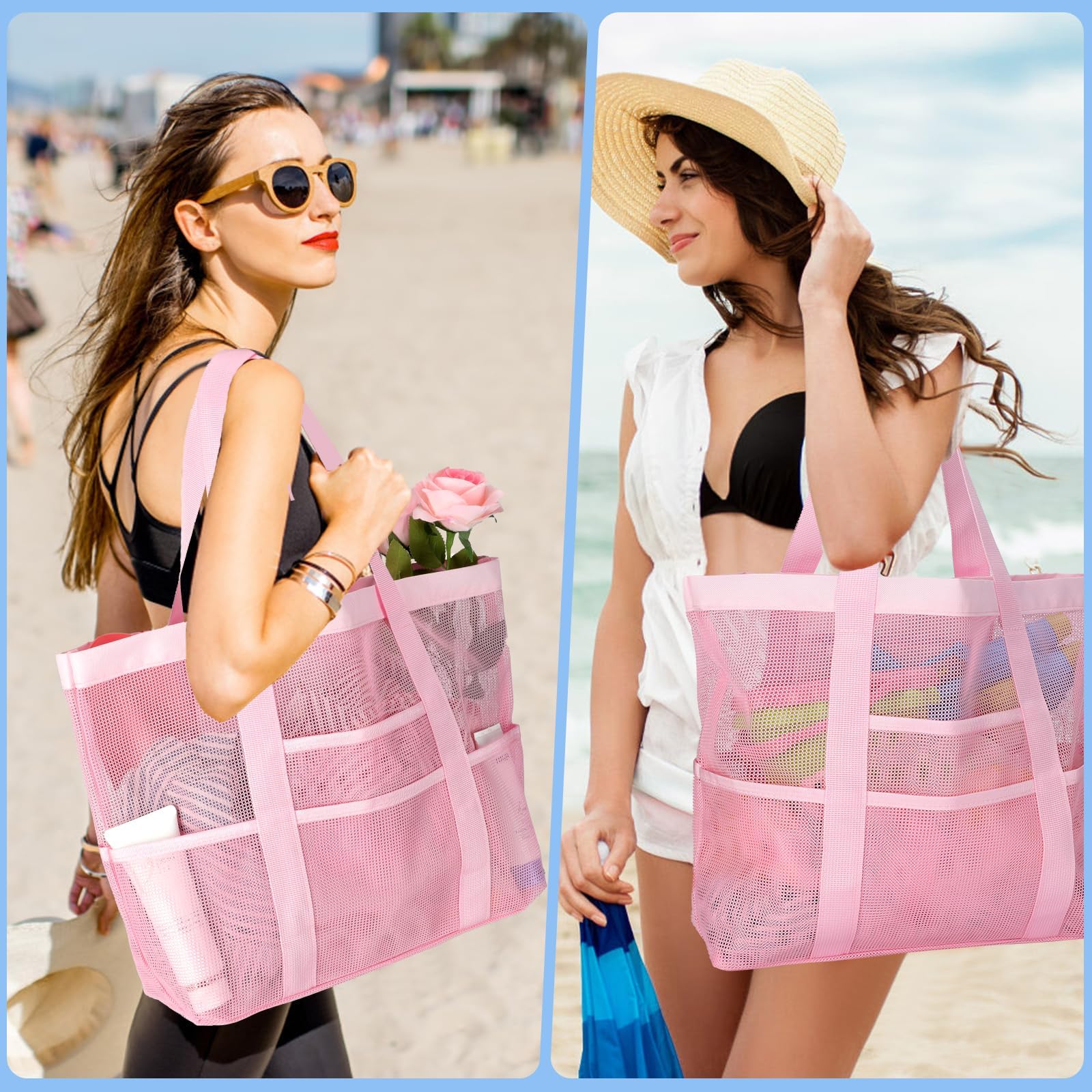 Waterproof Mesh Beach Tote Bag for Women & Family - Large 9-Pocket Organizer for Swimwear, Towels & Essentials | Perfect for Pool, Vacation & Summer Travel
