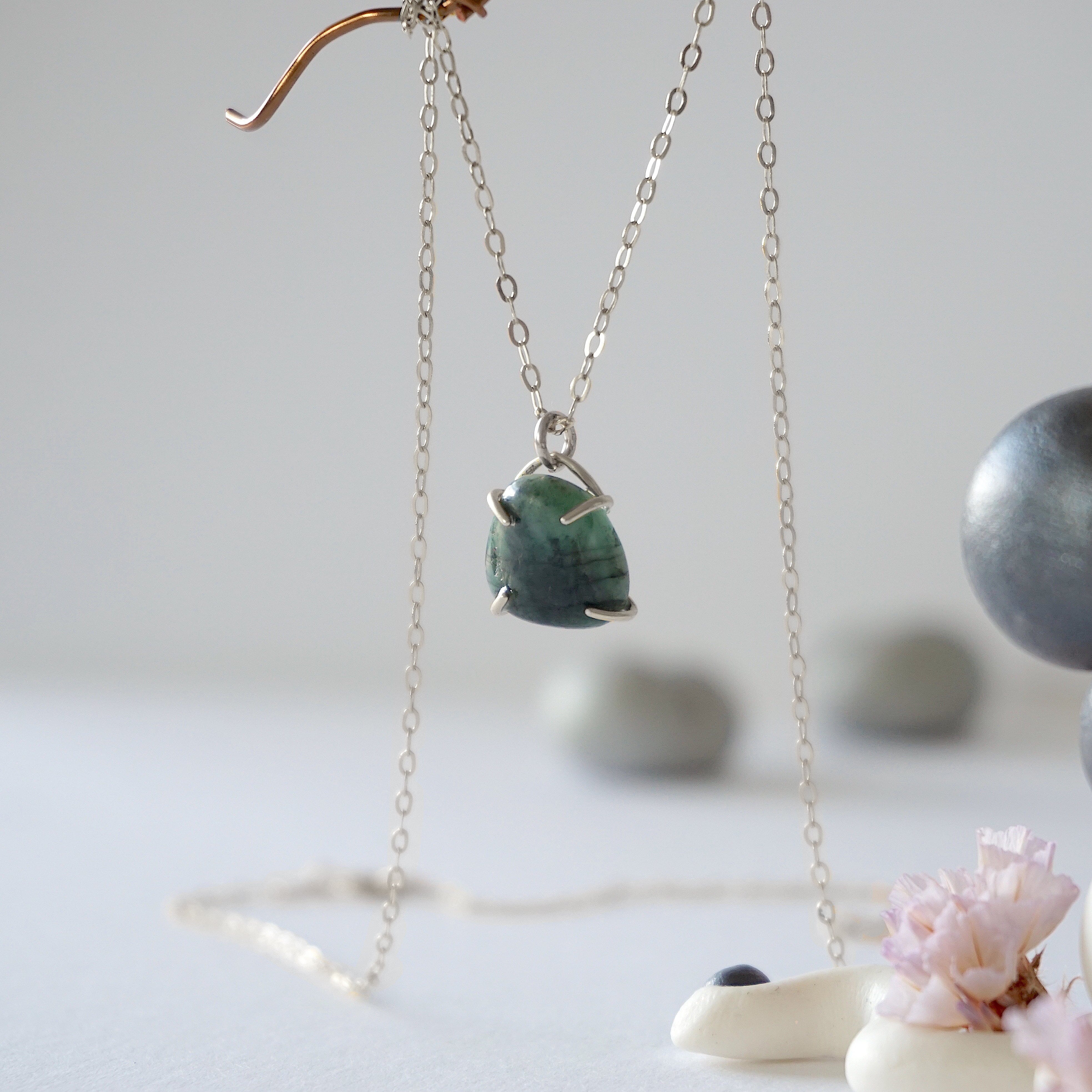 Emerald Sterling Silver Huggie Charm Necklace - Elegant Dainty Jewelry for Women, Perfect for Everyday Wear, Gifts & Special Occasions