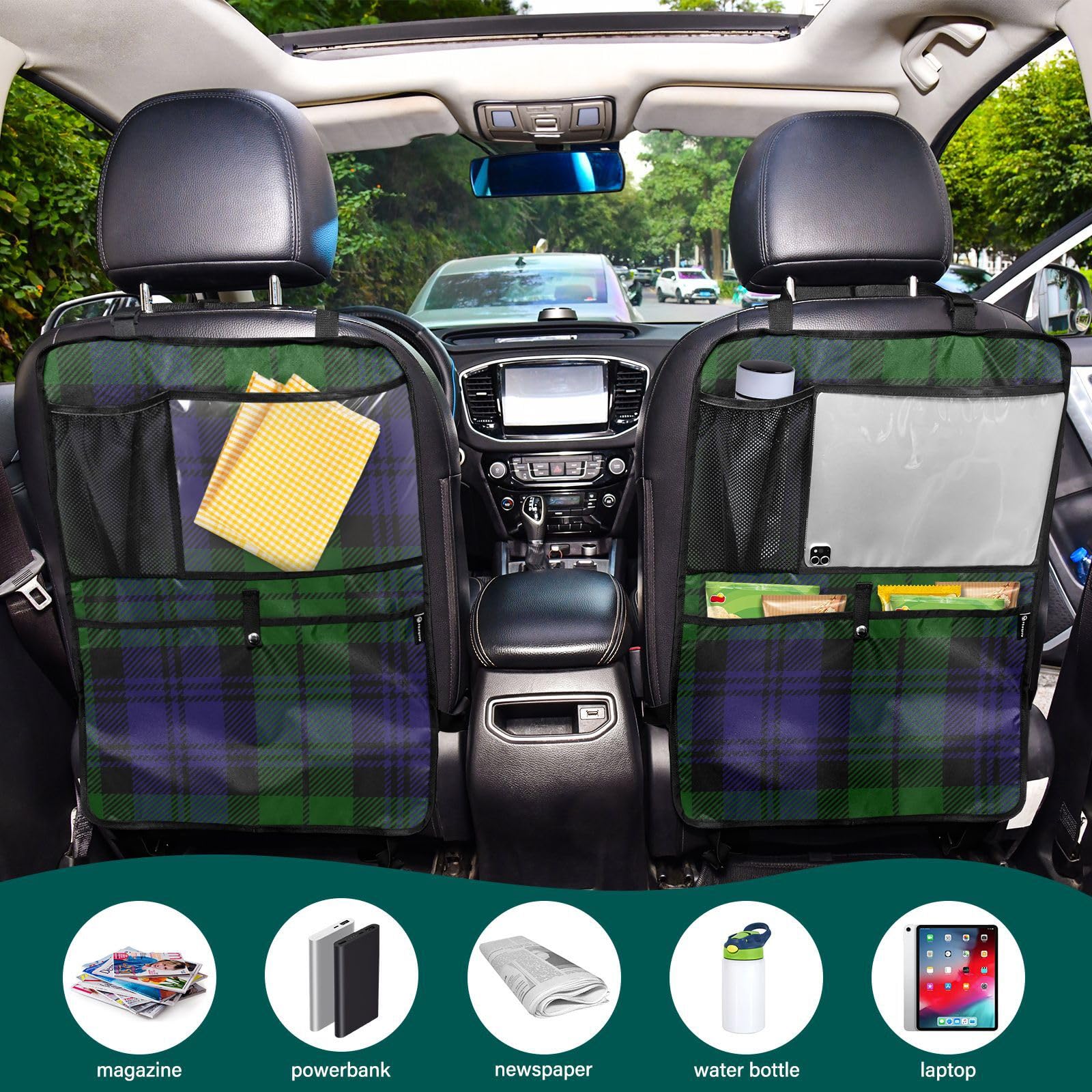 Aflyko Car Seat Back Organizer - Tartan Plaid Green & Blue with Pockets, Kick Mat & Backseat Protector - 1 Pack | Perfect for Road Trips, Family Travel & Keeping Your Vehicle Clean