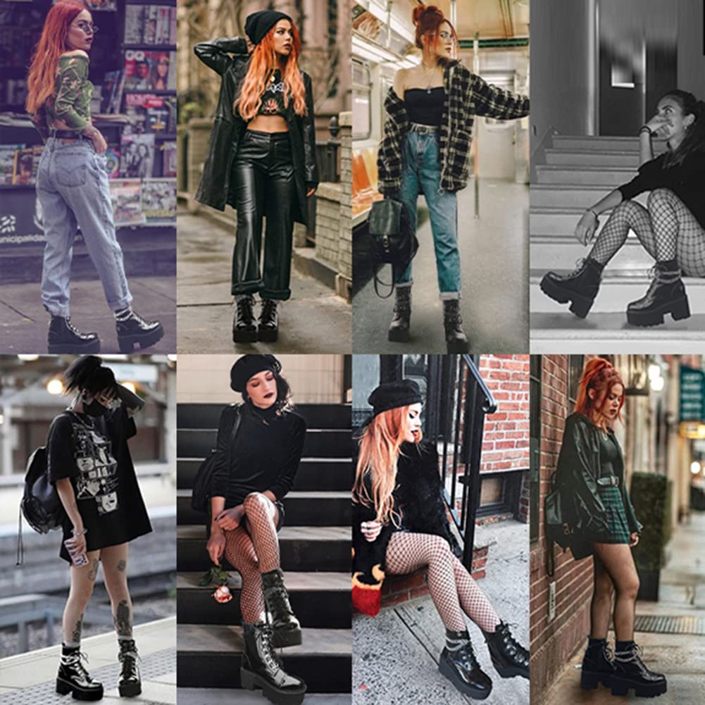 Erocalli Women's Fashion Block Heel Platform Combat Boots - Lace Up Studded Ankle Booties with Chain Detail for Motorcycle & Goth Style | Perfect for Night Out, Concert & Edgy Streetwear Looks
