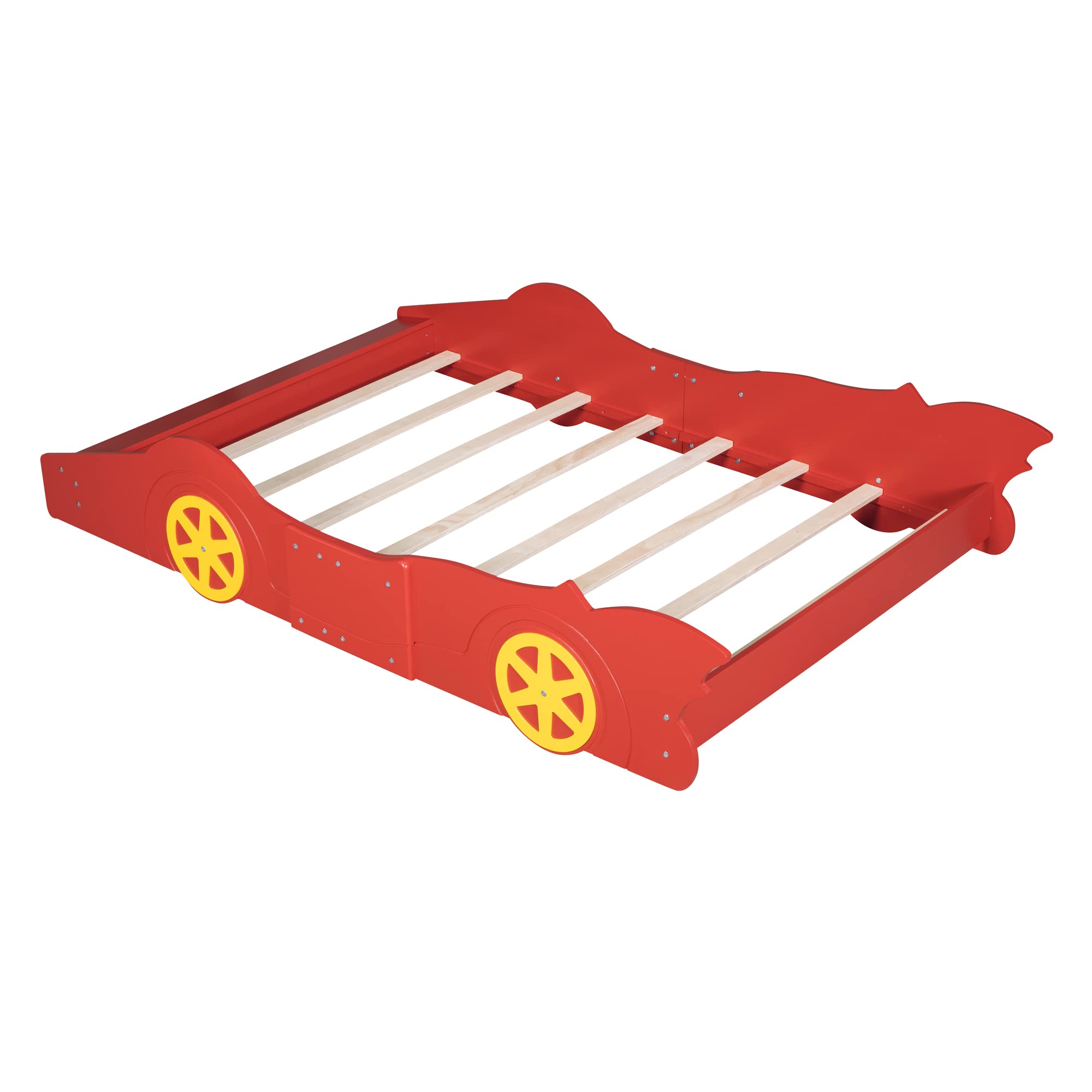 Race Car-Shaped Full Size Wooden Bed Frame for Boys - Red Full Car Bed with Wheels & Slat Support - Fun Kids Bedroom Furniture for Playful Sleep & Adventure Dreams