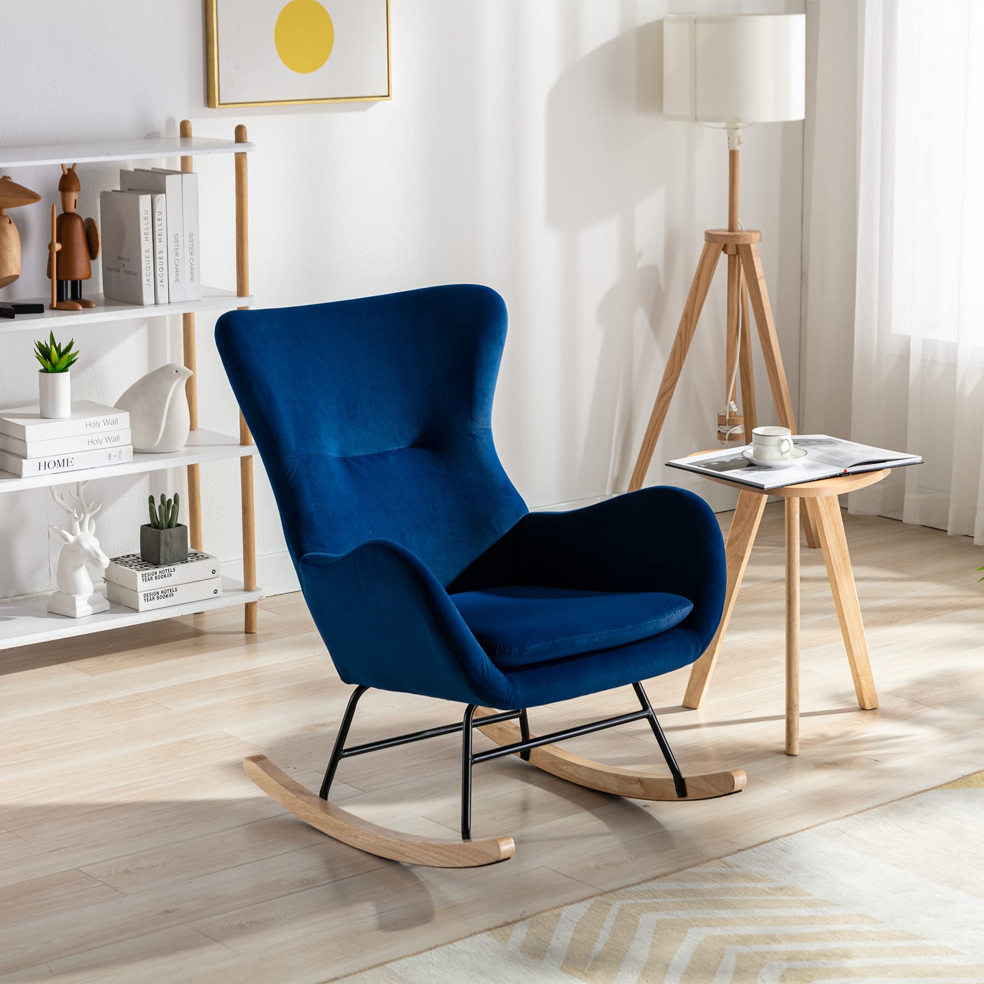 Modern Velvet Rocking Chair with Padded Seat & High Backrest - Nursery Rocker for Living Room, Bedroom, Balcony - Comfortable Accent Chair for Adults & Kids (Blue) - Perfect for Relaxing, Nursing, or Reading
