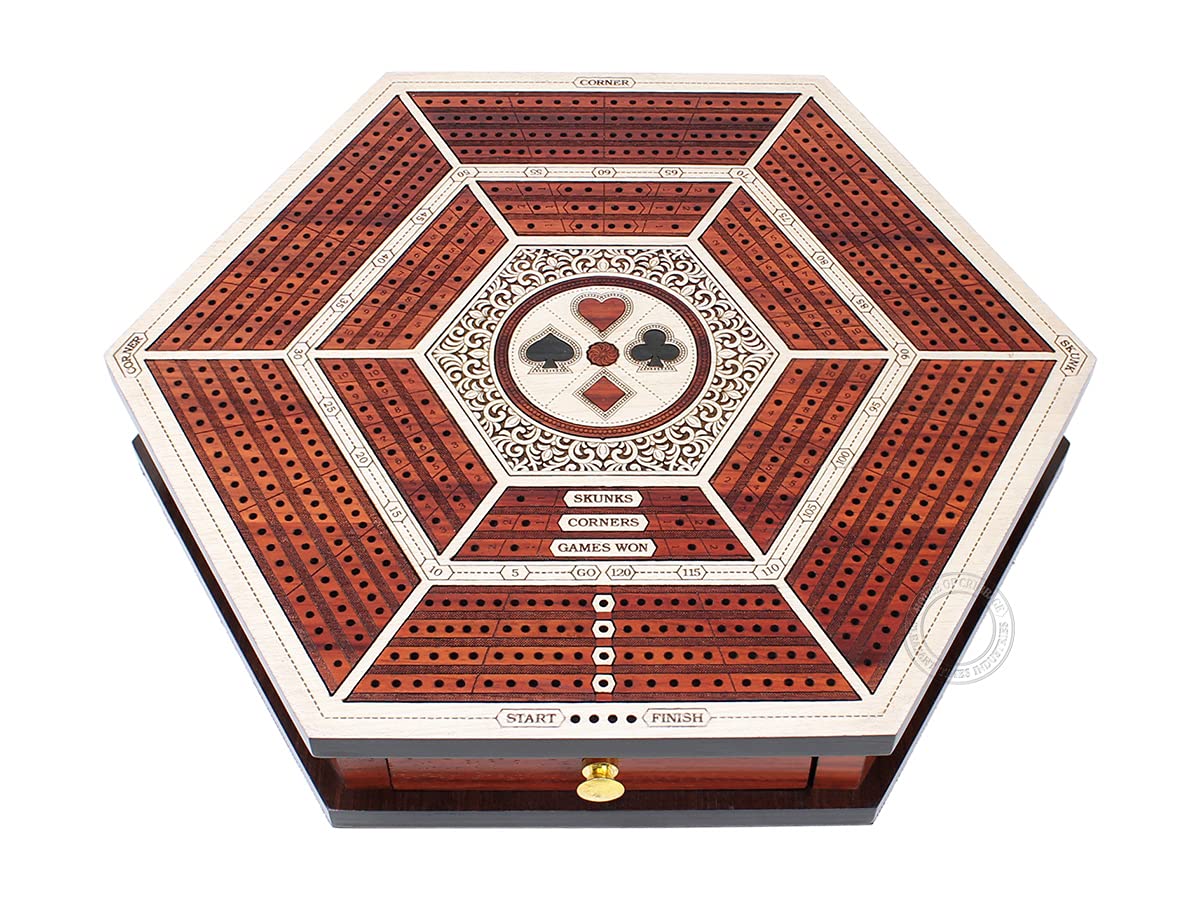Hexagonal Cribbage Board with 4 Continuous Tracks, Drawer Storage & Score Marking - White Maple/Blood Wood - Perfect for Family Game Nights & Travel
