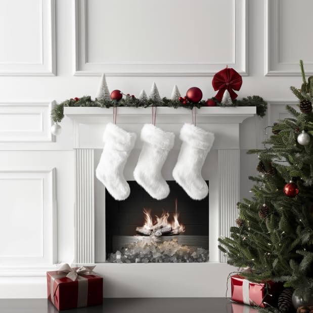 AISENO 2 Pack 18 Inch White Faux Fur Christmas Stockings - Hanging Holiday Decorations for Fireplace, Candy Gifts, Xmas Tree & Festive Home Decor