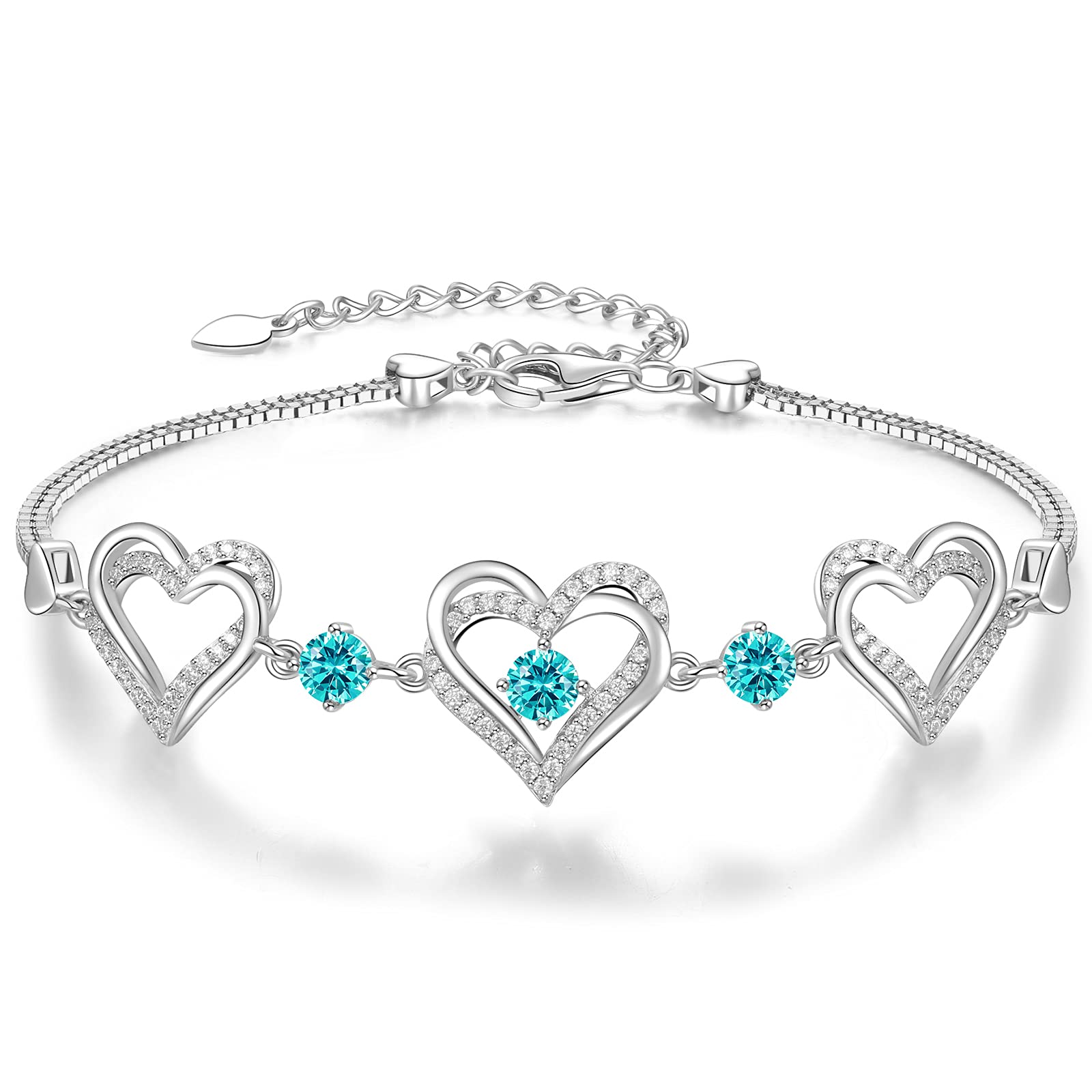 Forever Love Heart Charm Link Bracelet for Women - 925 Sterling Silver Birthstone Bracelet | Mother's Day, Anniversary, Christmas, Birthday Gift for Her | Perfect for Romantic Occasions, Date Nights & Special Celebrations