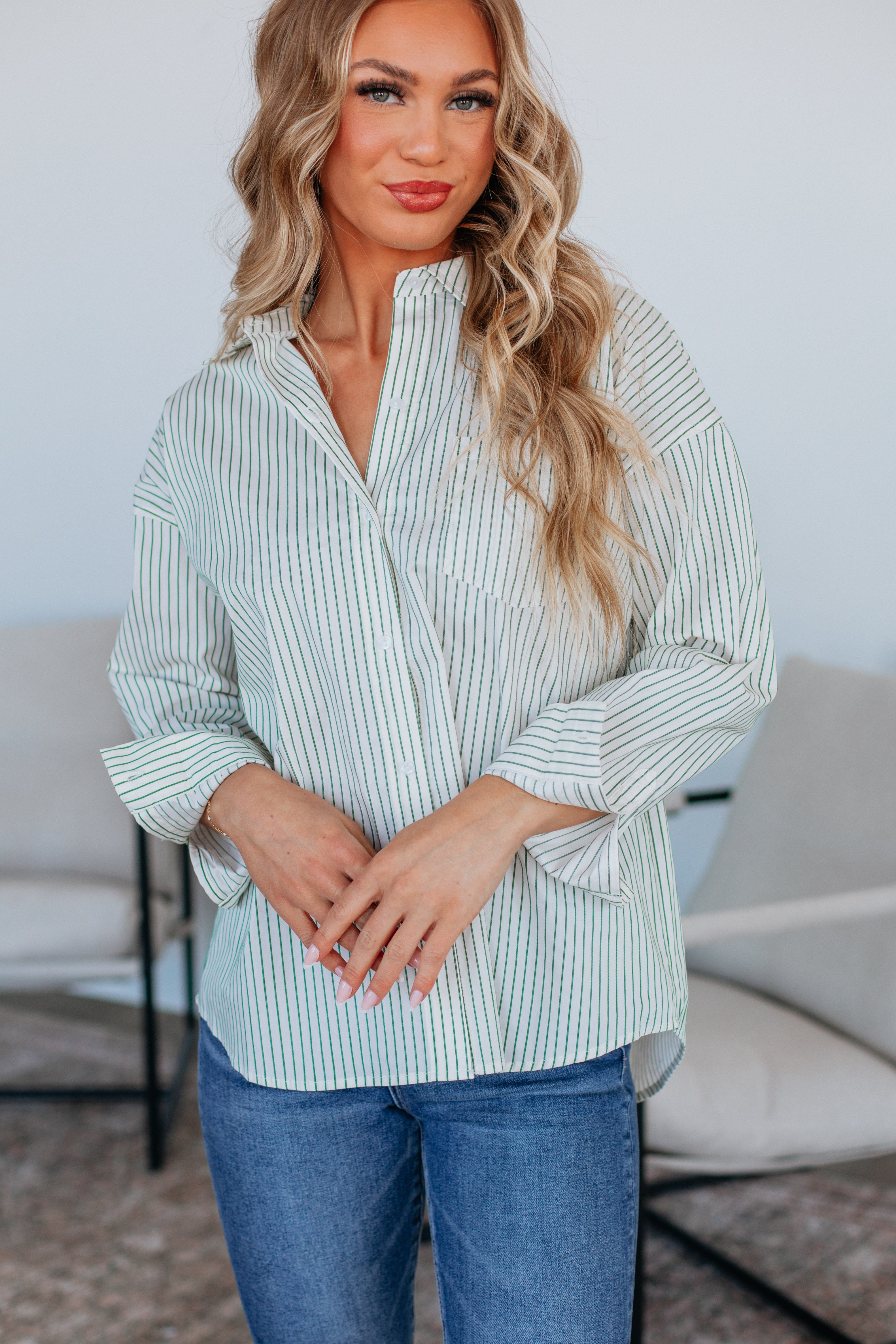 Aella Women's Striped Button Down Shirt - Casual Long Sleeve Blouse for Office, Date Night & Everyday Wear