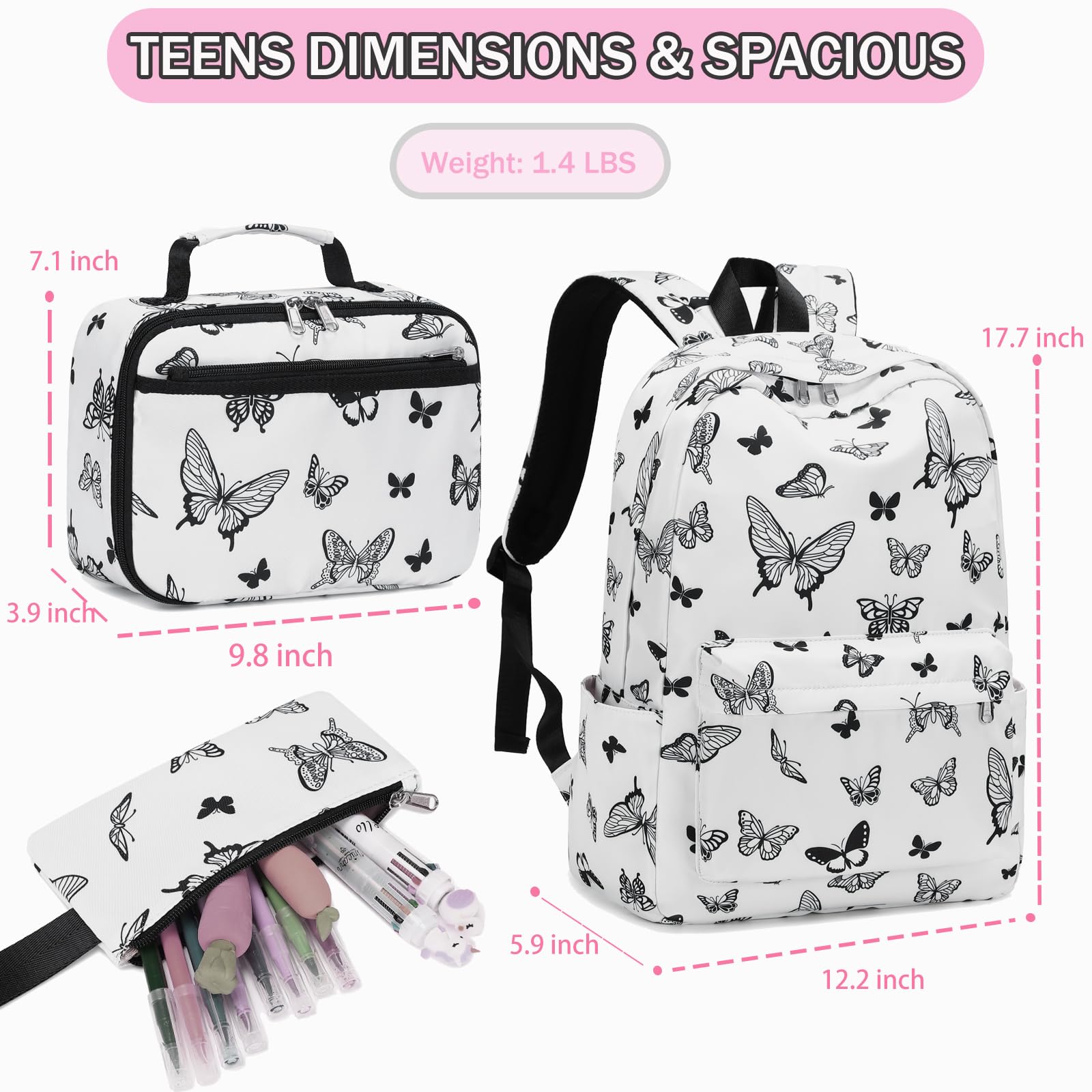Cute Butterfly Print School Backpack for Girls - Lightweight Bookbag with Lunch Box & Pencil Case for Elementary & Middle School Students - Perfect for Teen Girls, Daily Use & Travel