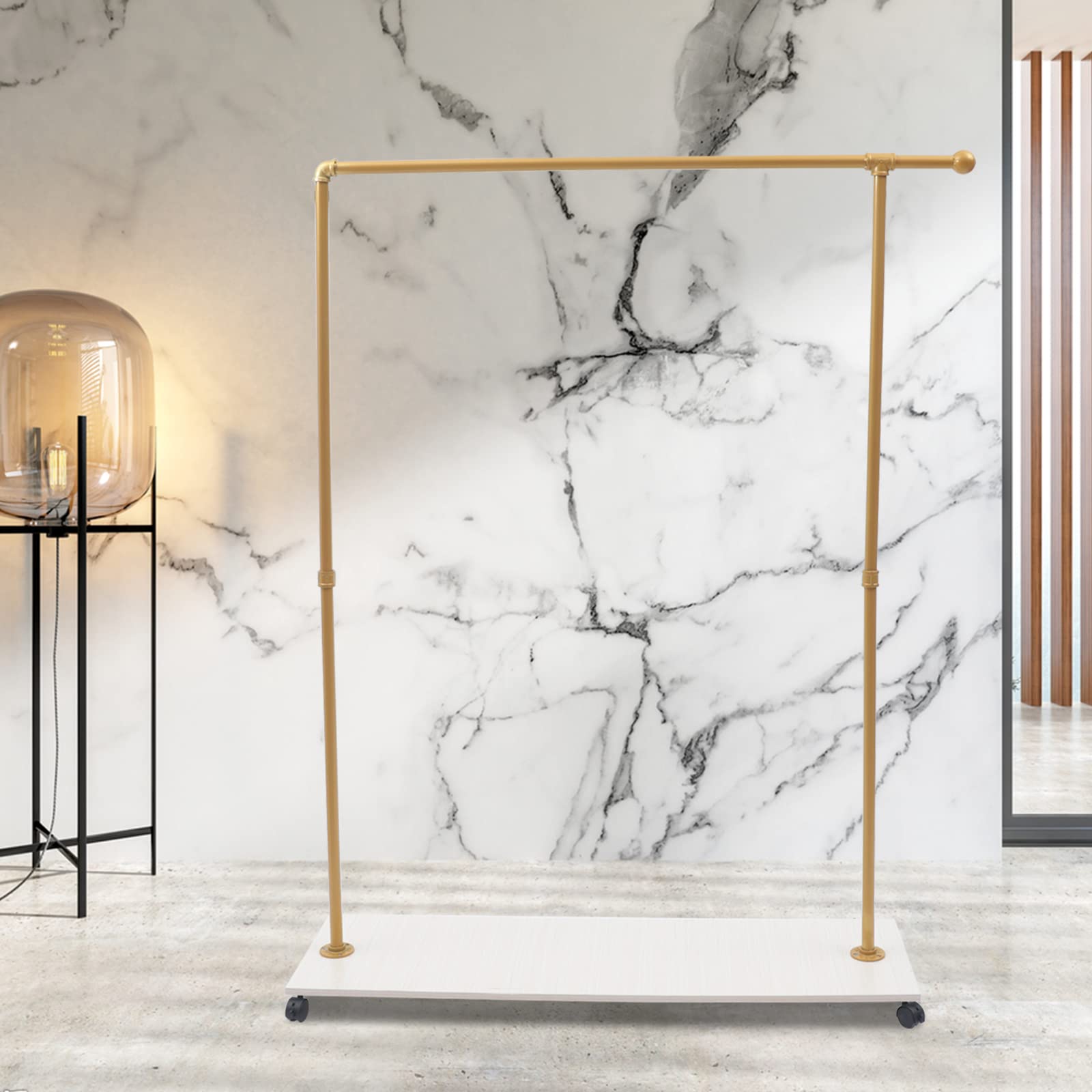 Heavy Duty Gold Garment Rack with Wood Board - Commercial Grade Iron Clothes Rack for Clothing Storage & Display - Freestanding Metal Wardrobe for Retail Stores, Boutiques, and Home Closet Organization