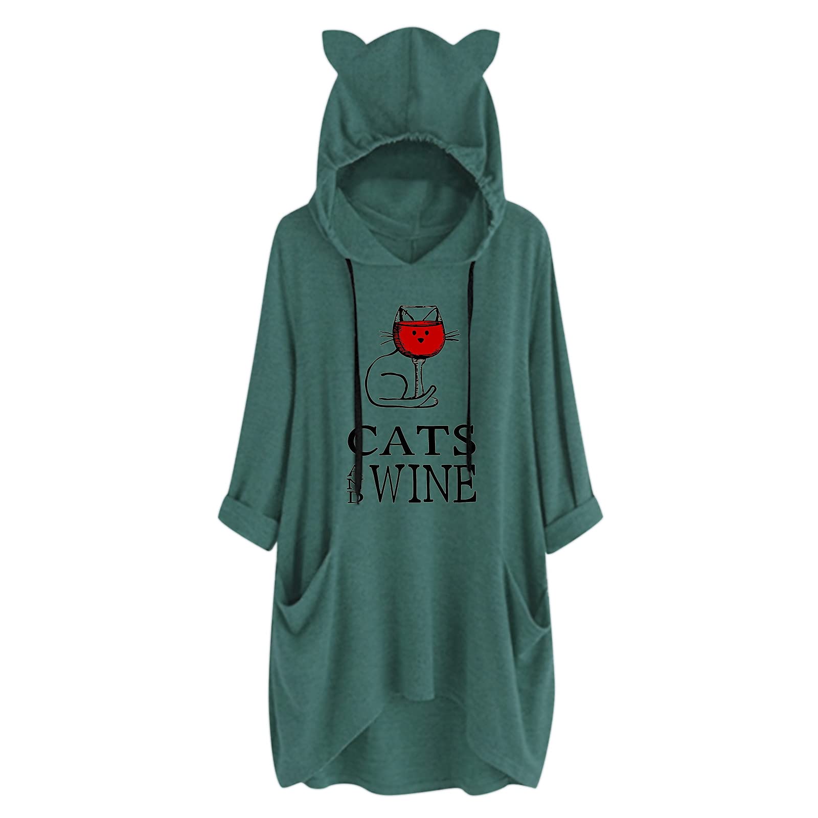 Women's Cute Cat Ear Print Hooded Pullover with Drawstring & Pockets - Big Size Long Hoodie for Casual Wear, Street Fashion & Loungewear