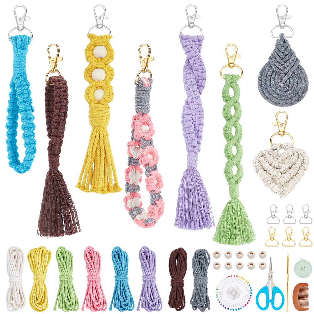 INFUNLY 8 Set DIY Macrame Wristlet Keychain Kits - Colorful Macrame Cord Knotting Kit with Instructions & Video - Boho Mini Tassel Keychain for Car Keys, Purse, Phone & Wallet Charm - Perfect for Gifts, Craft Projects & Boho Home Decor