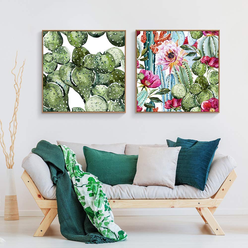 Floating Framed Canvas Wall Art - Green Plant & Cactus Prints for Living Room & Bedroom Decor - 16x16 Inch Set of 2 Panels - Ready to Hang Home Decoration - Perfect for Modern Interior Design & Housewarming Gifts