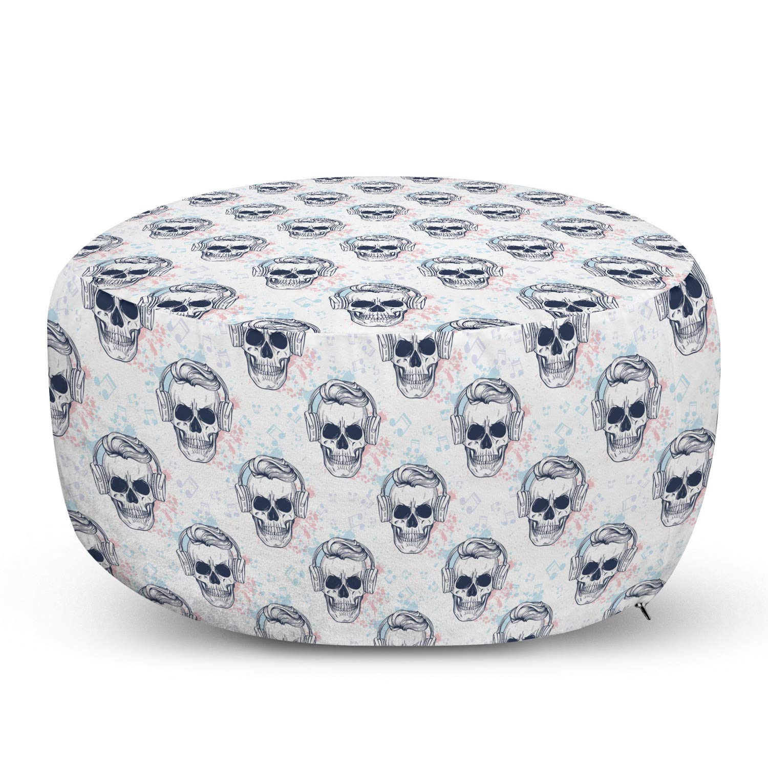Ambesonne Hipster Ottoman Pouf - Skull with Headphones & Musical Notes Design, Soft Decorative Foot Rest with Removable Cover for Living Room & Bedroom - Slate Blue Rose - Perfect for Relaxing, Gaming & Music Lovers