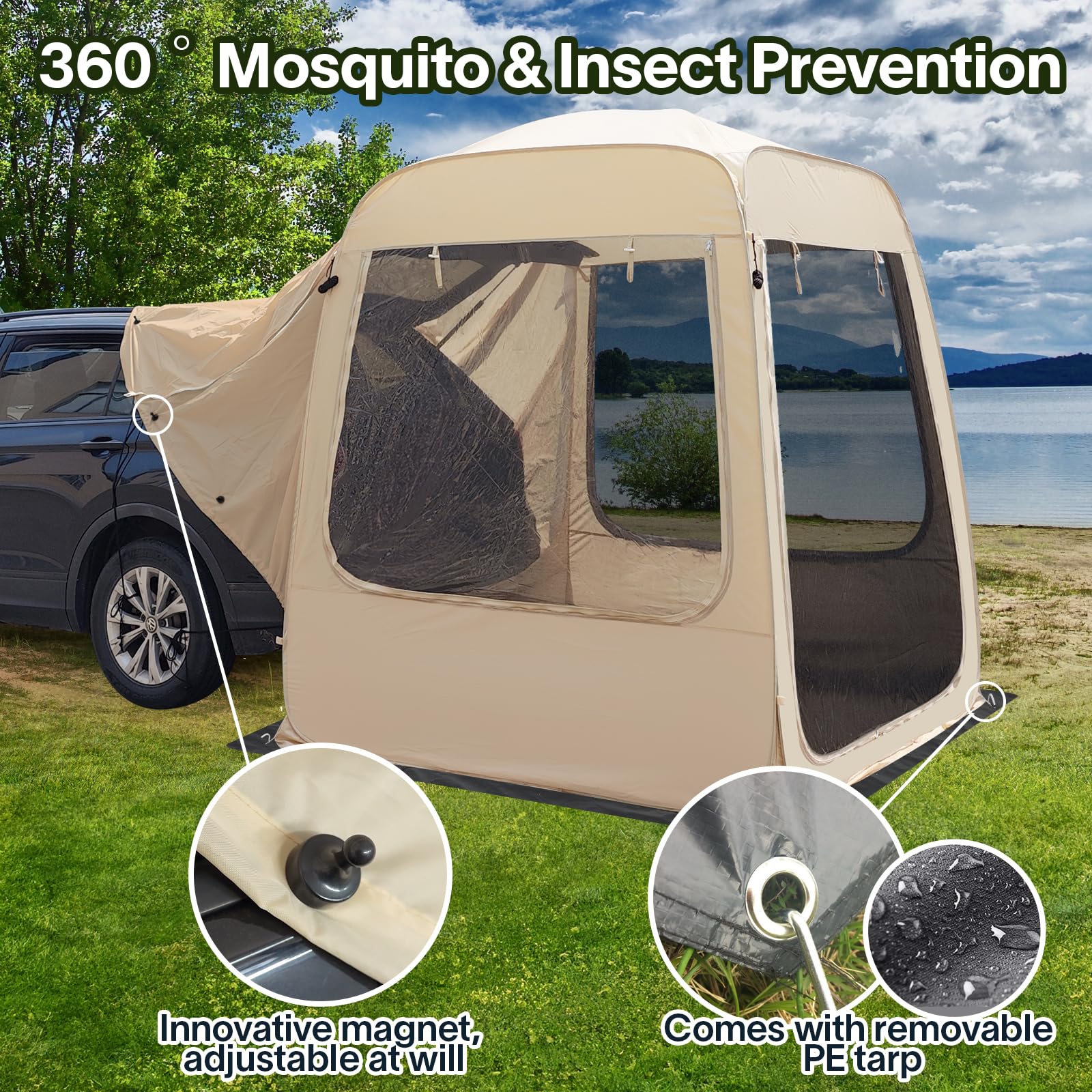 All-Weather Camping Screen Tent & SUV Tent - Waterproof PVC Shelter with Mesh for Outdoor Adventures | Portable Pop-Up Instant Tent for Car, Van, RV Camping | Perfect for Beach Trips, Backyard BBQs & Family Camping