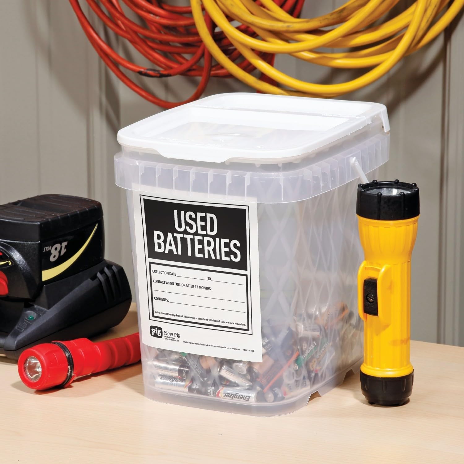 PIG Battery Disposal Container for AA AAA C D 9V Batteries - 2 Gallon Capacity Used Dry-Cell Battery Storage Bin - Safe Battery Recycling Box for Home Office School (PMB30595) - Perfect for Household Hazardous Waste Management