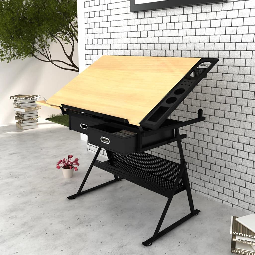 Adjustable Height Drafting Table with 2 Storage Drawers & Side Tray - Tiltable Art Desk for Drawing, Painting, Crafting - Home Office Workstation with Stool (Brown) | Perfect for Artists, Designers & DIY Projects