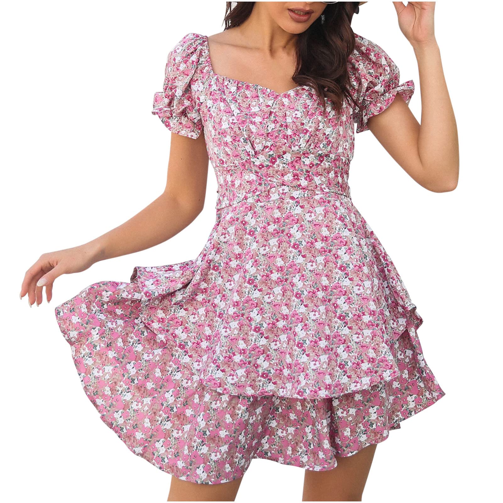 Women's Summer Floral Print Short Sleeve V-Neck Layered Casual Dress - Perfect for Beach Vacations, Date Nights & Outdoor Parties