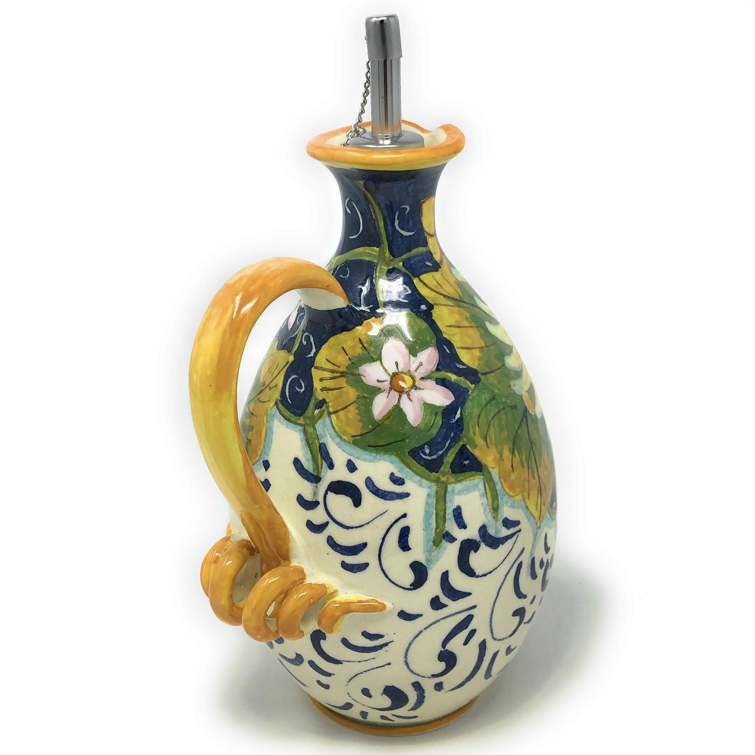 Italian Ceramic Oil Cruet - Hand Painted Sunflower Design Art Pottery from Tuscany, Made in Italy | Perfect for Kitchen, Dining Table & Gift Giving