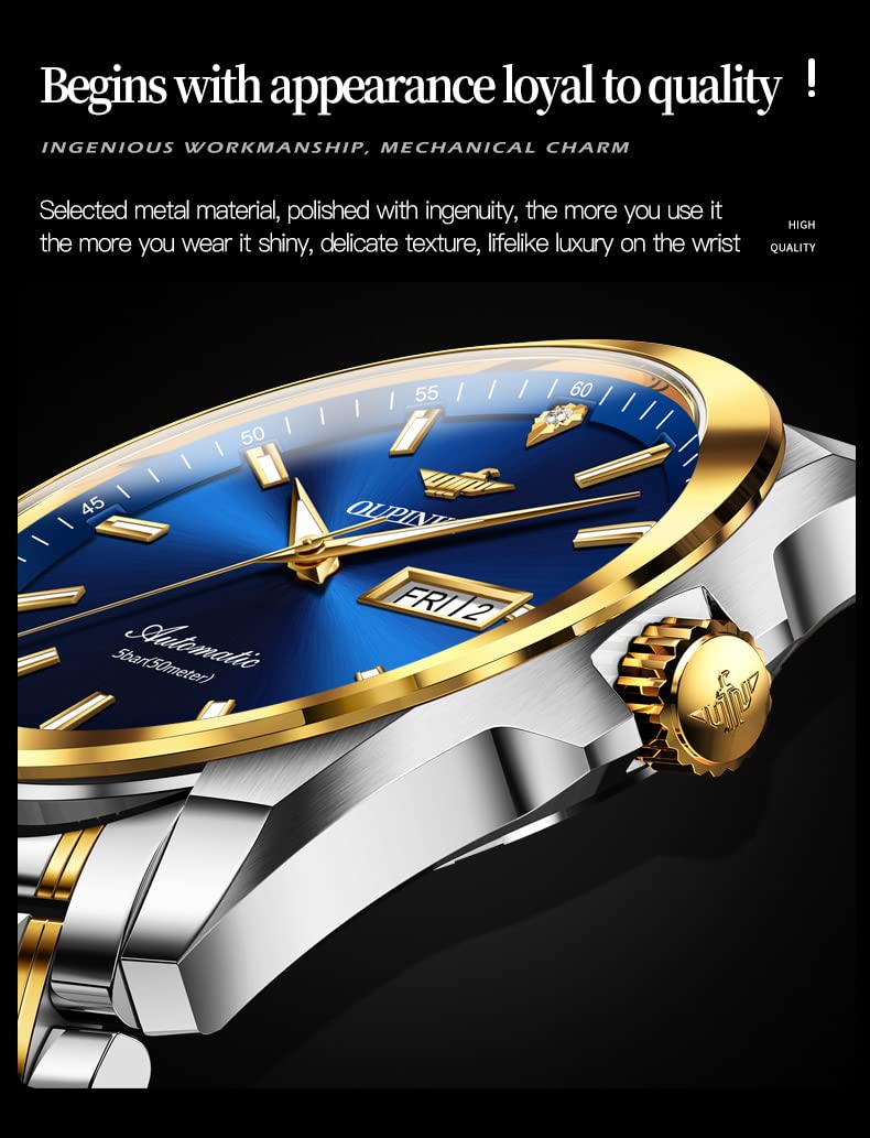 OUPINKE Men's Automatic Luxury Watch with Real Diamonds - Self-Winding Mechanical Gold Dress Watch - Waterproof Wristwatch for Business, Formal Events & Gifts