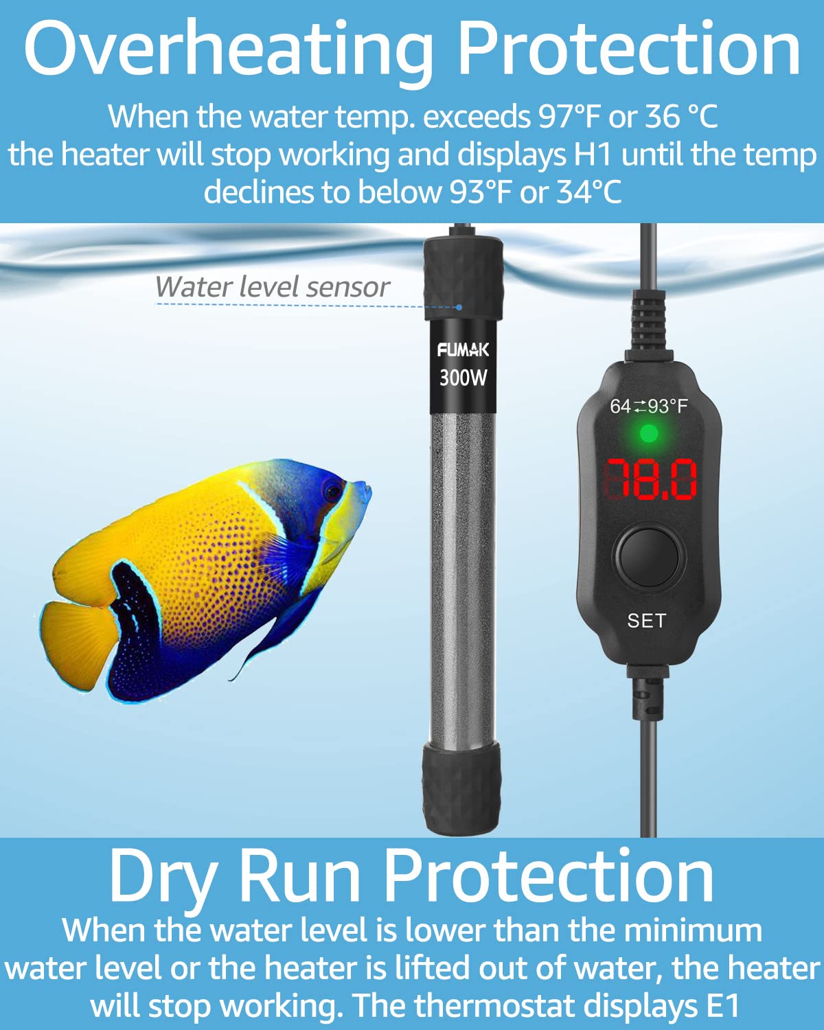 300W Adjustable Submersible Aquarium Heater with LED Digital Display Thermostat - Super Short Fish Tank Heater for 40-60 Gallon Tanks | Perfect for Tropical Fish, Saltwater & Freshwater Aquariums, Home or Office Decor